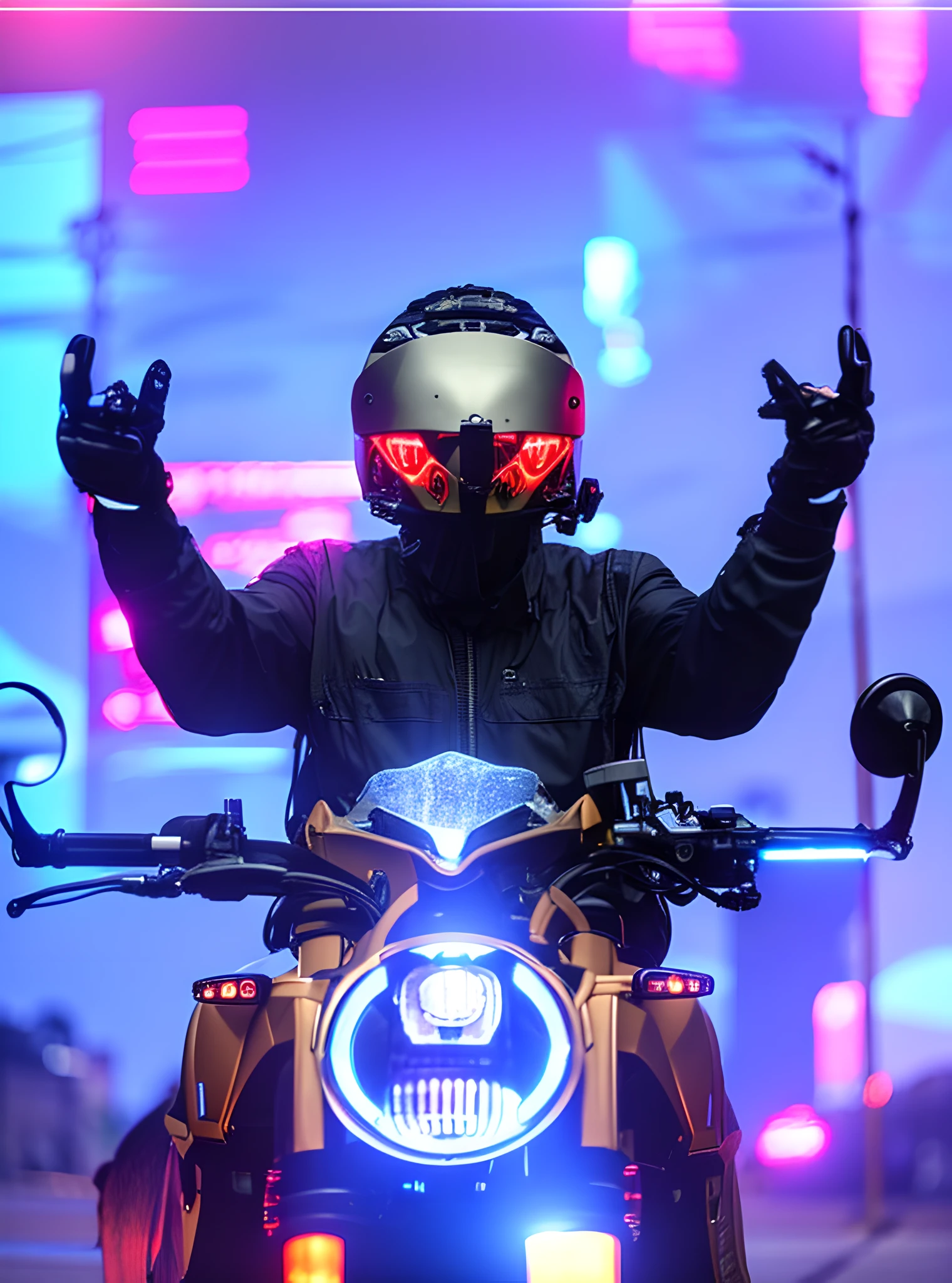 cyberpunk style, mecha, motorcycle, arad man in helmet and goggles riding motorcycle, riding motorcycle, motorcyclist, pictures of male cyclists, victory pose, riding motorcycles, touring, cyclists, riding motorcycles on the street, triumphant, riding on the road, victory, pictures of female cyclists, sitting on motorcycles, thumbs up, riding futuristic motorcycles