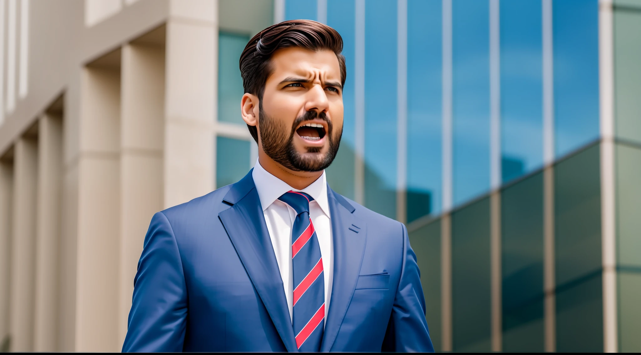 1 businessman in a suit, with megaphone in hand,