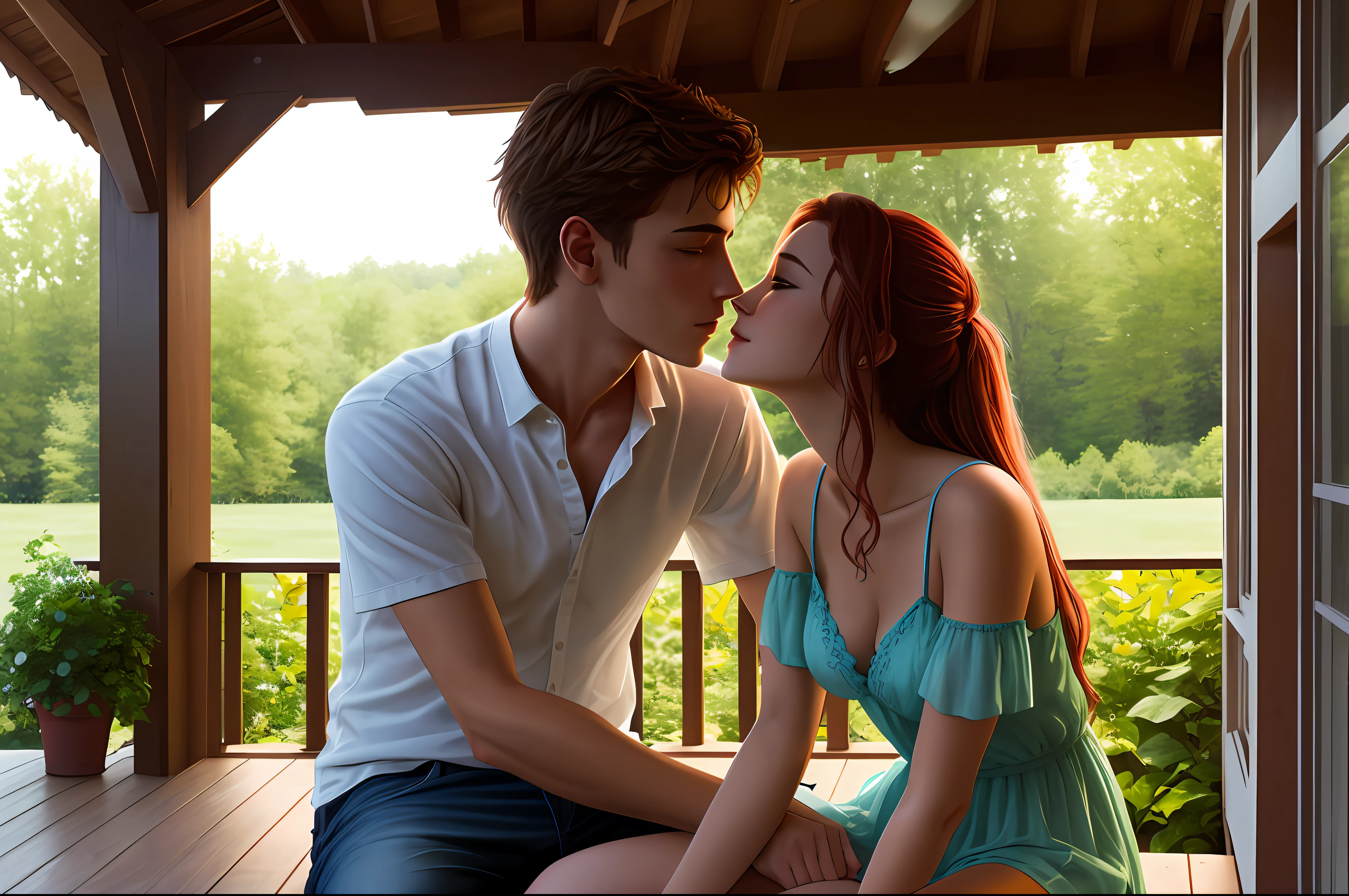 guy and girl, love, caresses of each other, passion, intimacy, sexual arousal, summer, on the porch