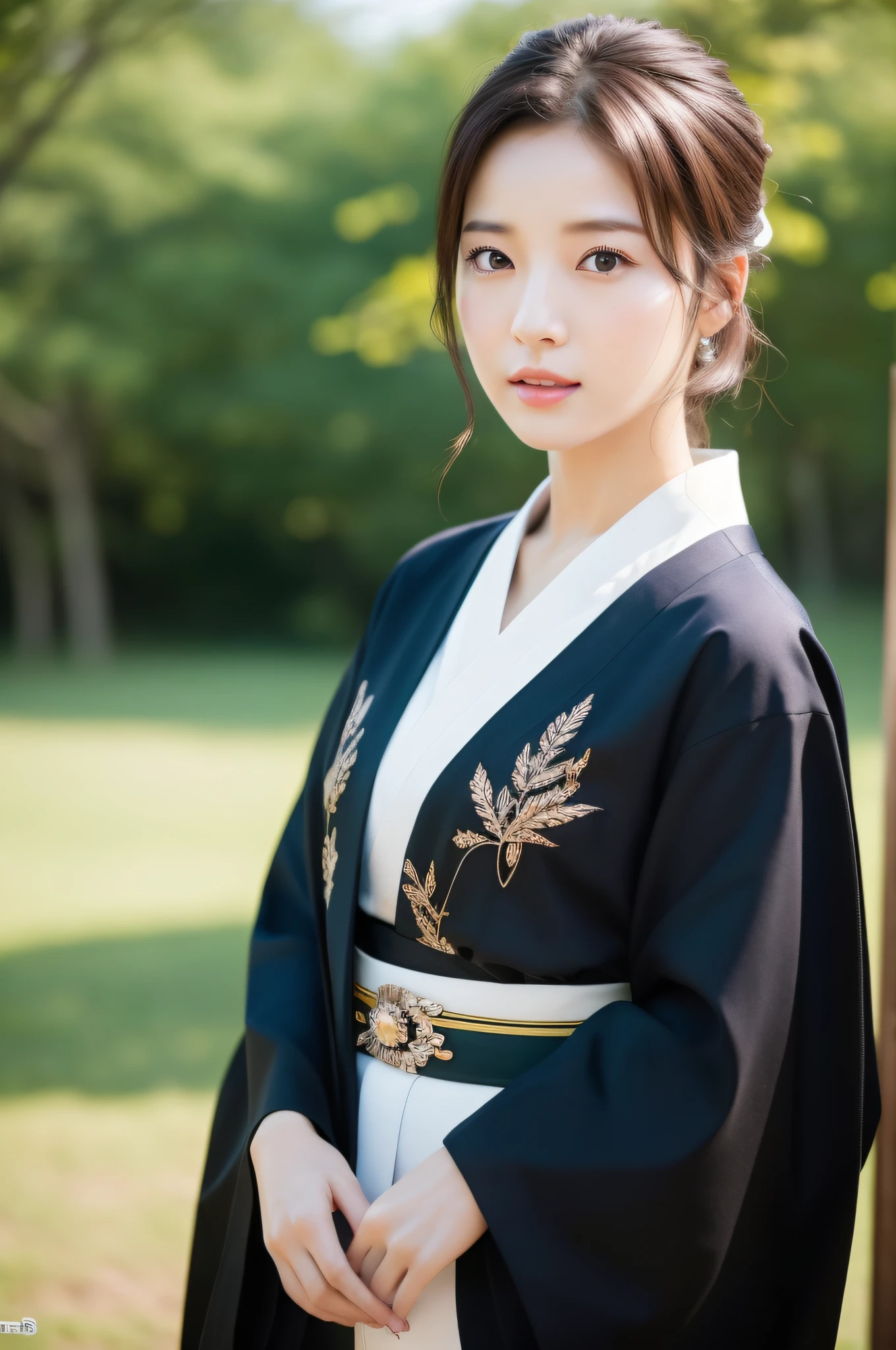 ((Top Quality, 8K, Masterpiece: 1.3)), Sharp Focus: 1.2, (Super Beautiful Face: 1.0), (Glossy Skin: 1.0), Realistic Photos, Black Hair, Realistic Pupils, Movie Lighting, Highly Detailed Eyes and Face, Movie Lighting,  (Cowboy Shot: 1.0),  (kimono, hakama, obi: 1.2), (Korean Cute Actress), in nature