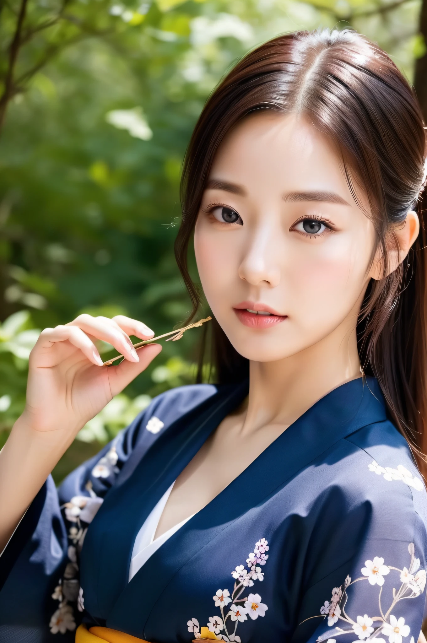((Top Quality, 8K, Masterpiece: 1.3)), Sharp Focus: 1.2, (Super Beautiful Face: 1.0), (Slender Abs Beauty: 1.0), (Shiny Skin: 1.0), Realistic Photography, Black Hair, Realistic Pupils, Video Lighting, High Definition Eyes and Face, Video Lighting, (Cowboy Shot: 1.3), kimono, hakama, obi, (Korean Cute Actress), in nature, traditional kimono