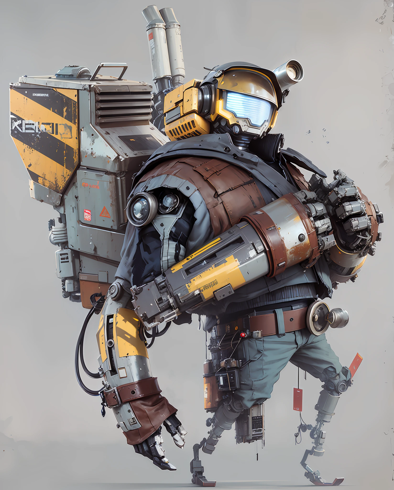 there is a robot with a large body and a helmet on, craig mullins style, painterly humanoid mecha, fashionable cyberpunk mechanoid, rolands zilvinskis 3d render art, by senior environment artist, cyberpunk mechanoid, craig mullins nekro, craig mullins greg rutkowski, alexandre ferra mecha, deep cyberpunk mechanoid