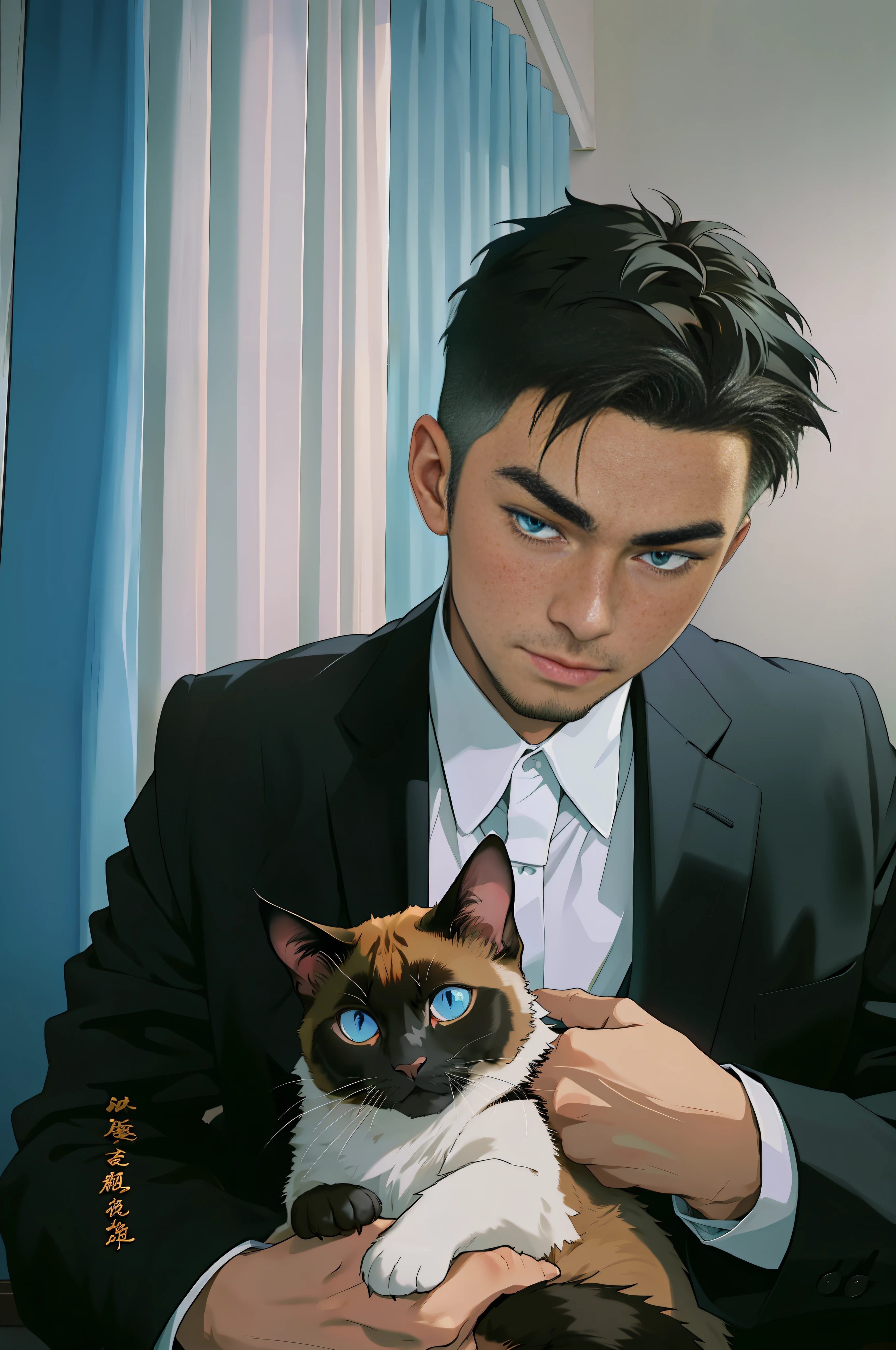 Masterpiece, best quality, holding a Siamese cat, wearing a suit, super detailed, short hair, anime style