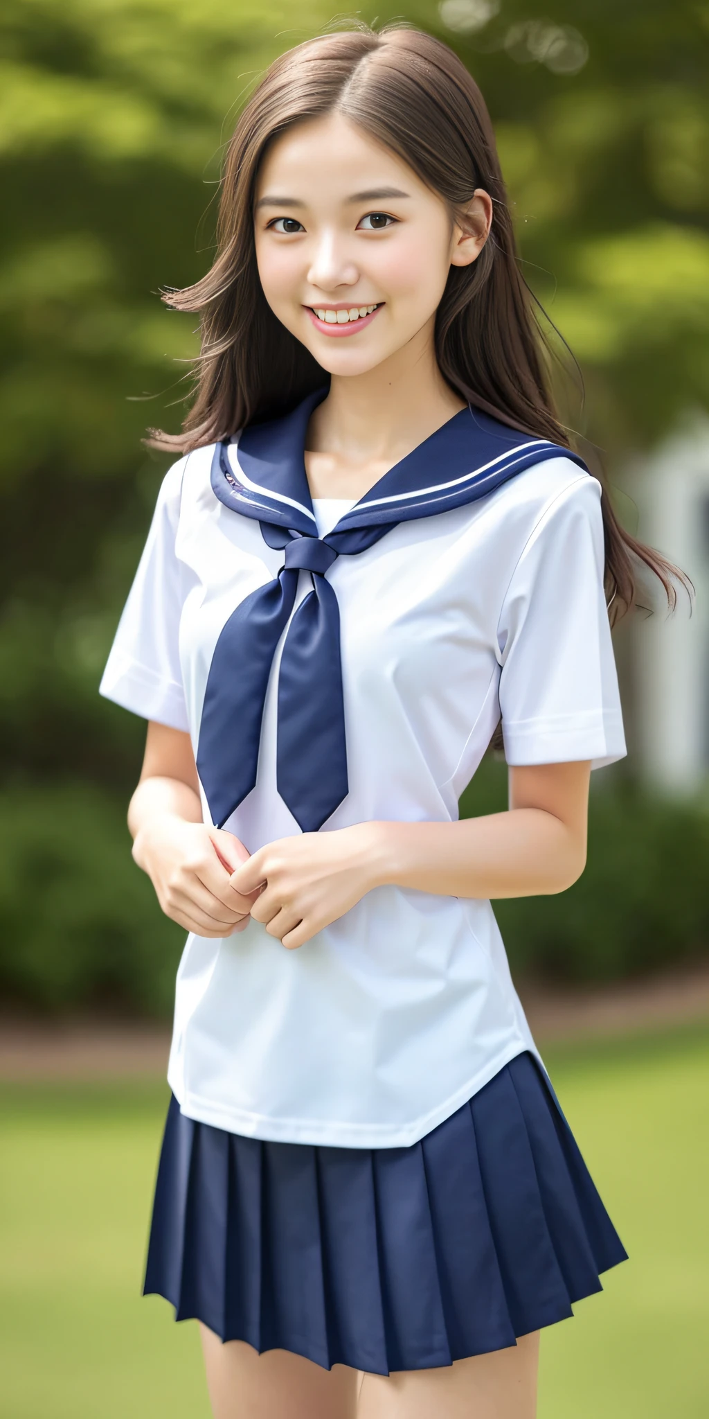 neat college girl, (school uniform, sailor uniform, ribbon tied at chest, summer uniform, upper body white, skirt is navy blue), outside the athletic field, (slim), photorealistic, detail, skin texture, ultra detail, delicate and sexy collarbone, smile, super detailed face, detailed lips, detailed eyes, double eyelids, small breasts, small breasts, small, flat breasts, breast emphasis