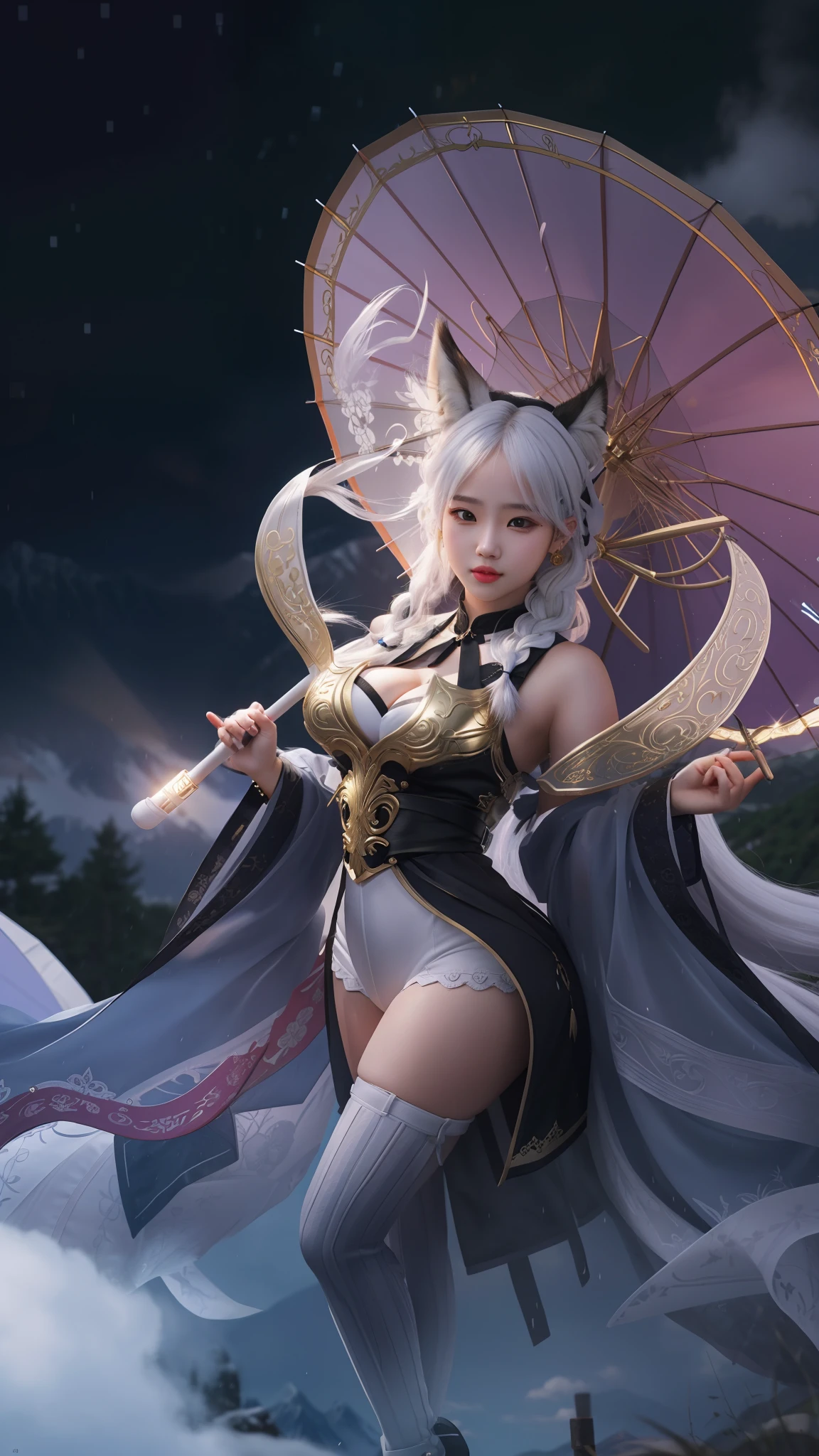 An Idol k-pop girl, cute girl, sexy girl, braid hair, fox ears, holding umbrella, Elysium and mountains background, white colored hair, intricate face details, detailed face, golden ratio face, big breast, big butt, big hip, big thighs, full body, 64K, UHD, HDR, high quality, high detailed, hyper detailed, photo realistic, ultra realistic, art photo, clarify the details, detailed parts body, intricate artwork masterpiece, trending on art-station