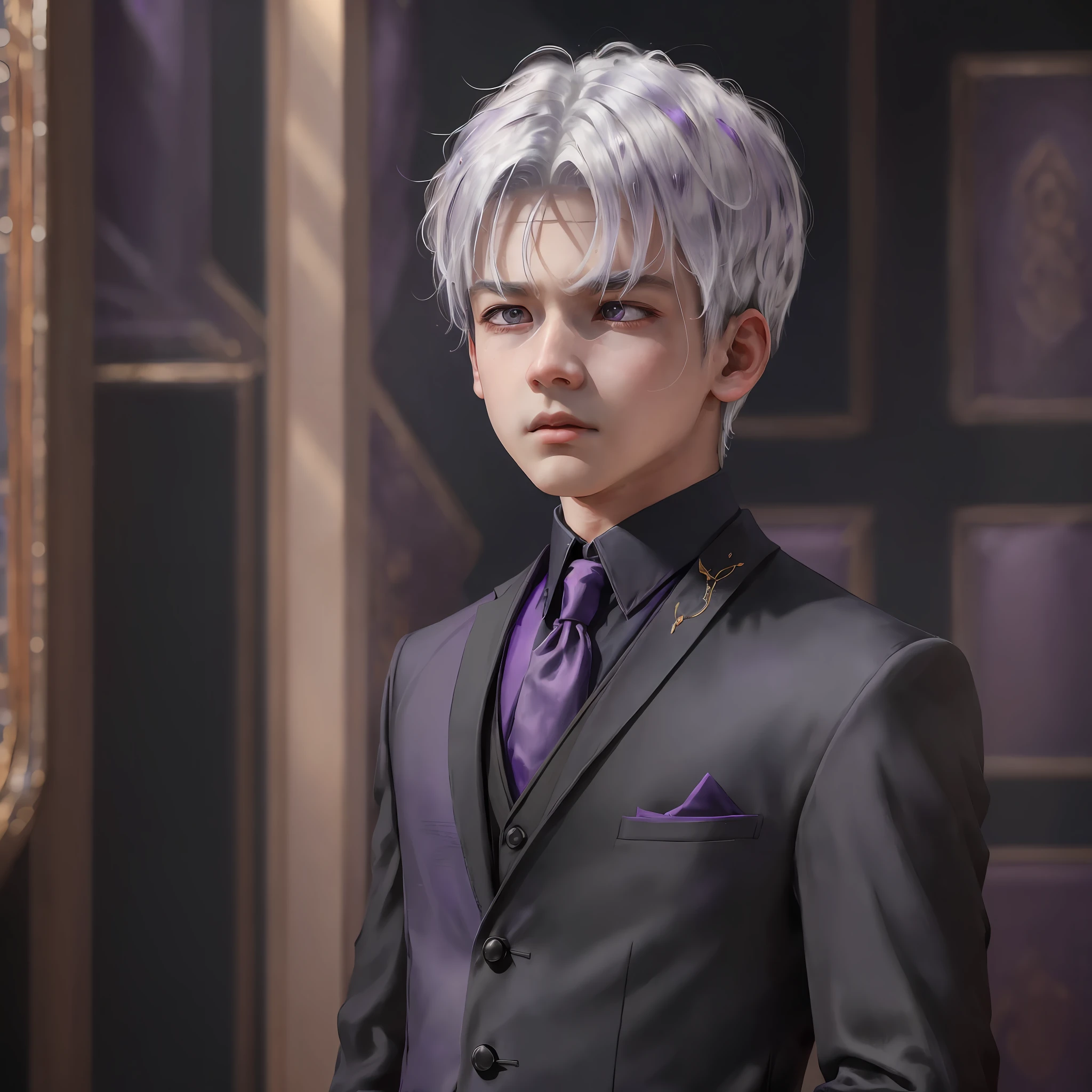 (Best Quality, Masterpiece), (Realistic, Realistic: 1.2) (1boy, Single, Black Suit, Standing, Looking at the Audience, White Hair, Purple Eyes, Shut Up, Upper Body) --auto --s2