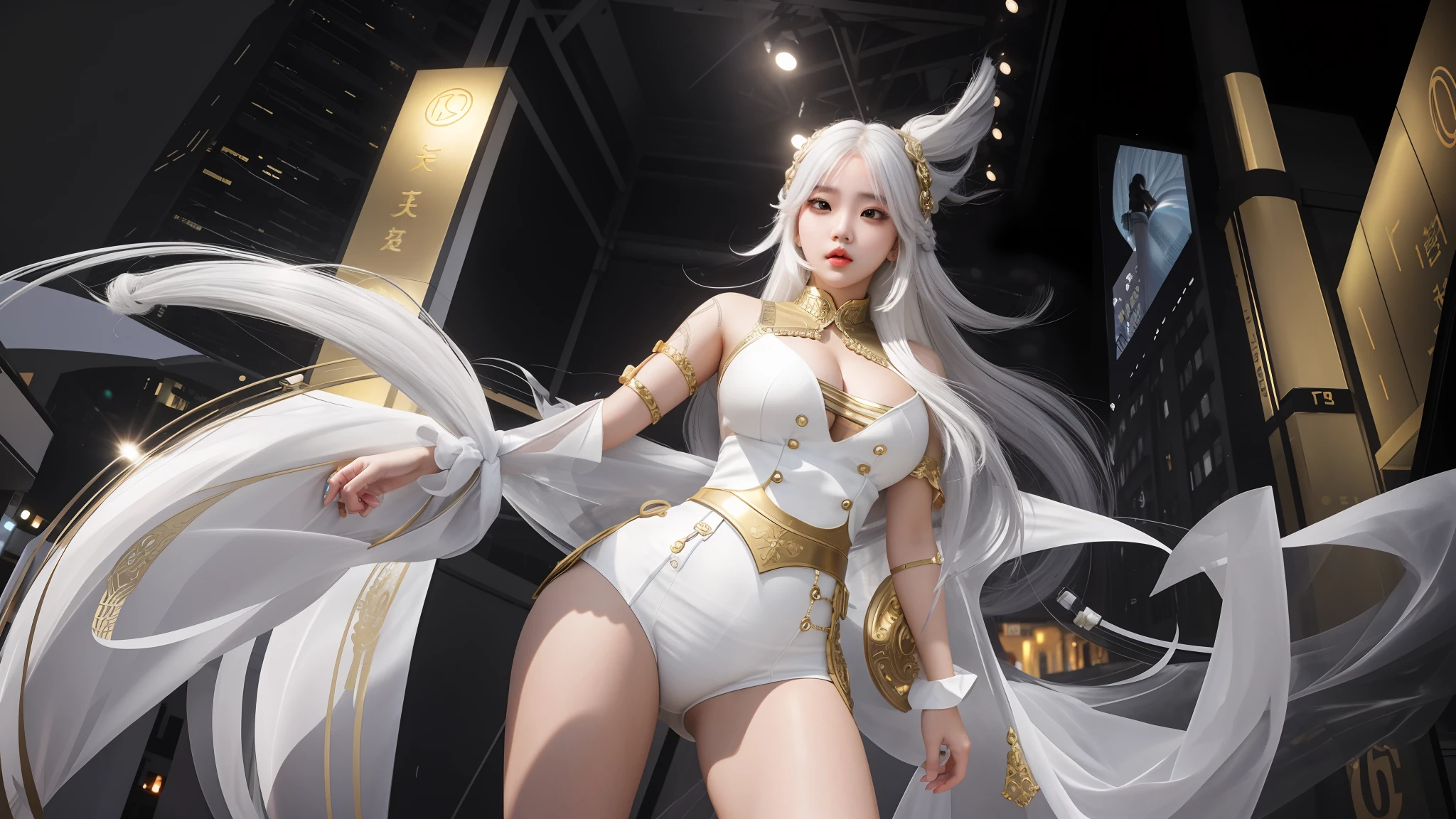 An Idol k-pop girl, cute girl, sexy girl, braid hair, white colored hair, intricate face details, night city backgroud, detailed face, golden ratio face, big breast, big butt, big hip, big thighs, full body, 64K, UHD, HDR, high quality, high detailed, hyper detailed, photo realistic, ultra realistic, art photo, clarify the details, detailed parts body, intricate artwork masterpiece, trending on art-station