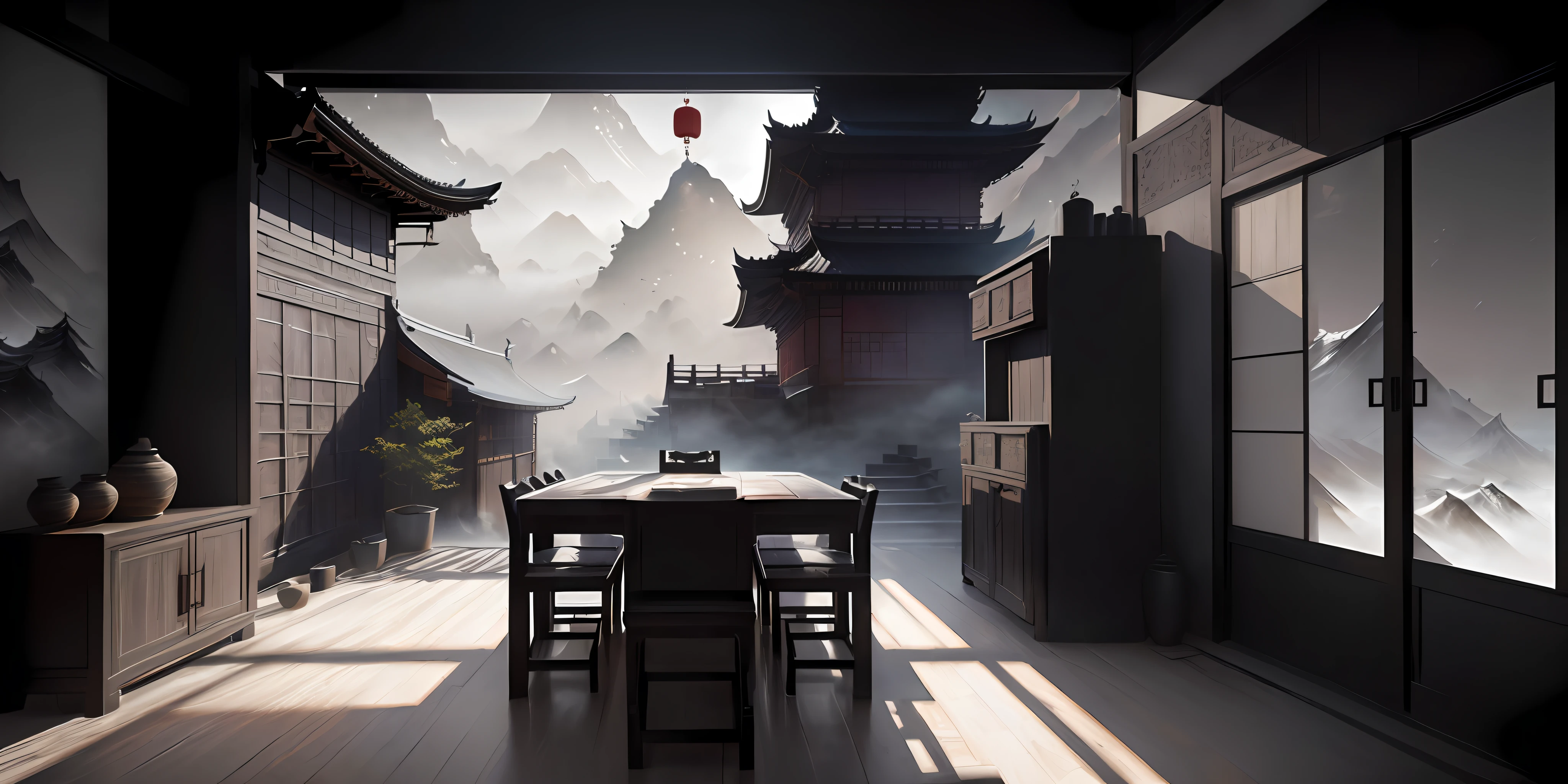 Chinese loft landscape, ink painting, color dull, cool tone, martial arts movie story style, highly detailed, dynamic, epic, realistic lighting and shadows, inspired by Jin Yong, vibrant, 8k, Octane rendering, Unreal Engine, very detailed , Concept Art, Realistic, Cry Engine, Masterpiece, Recent Quality --v 6