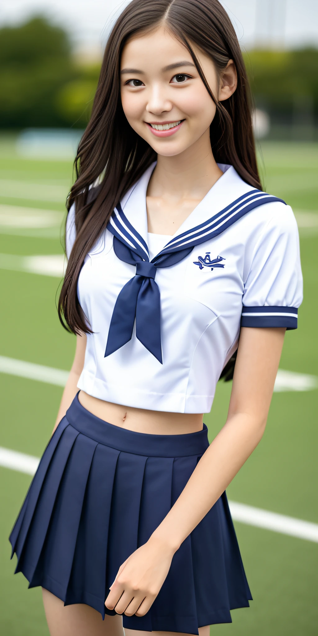 neat college girl, (school uniform, sailor uniform, ribbon tied at chest, summer uniform, upper body white, skirt is navy blue), outside the athletic field, (slim), photorealistic, detail, skin texture, ultra detail, delicate and sexy collarbone, smile, super detailed face, detailed lips, detailed eyes, double eyelids, small breasts, small breasts, small, flat breasts, breast emphasis