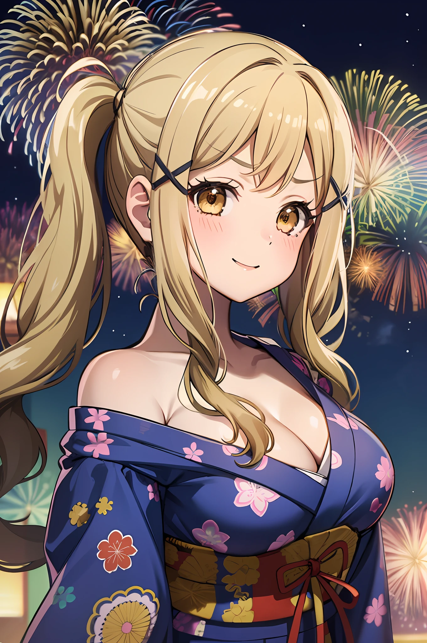 1girl, Arisa ichigaya, x hair ornament, blonde twintails, off shoulder yukata, cleavage, large breasts, fireworks background, night, pov, happy face, smiling