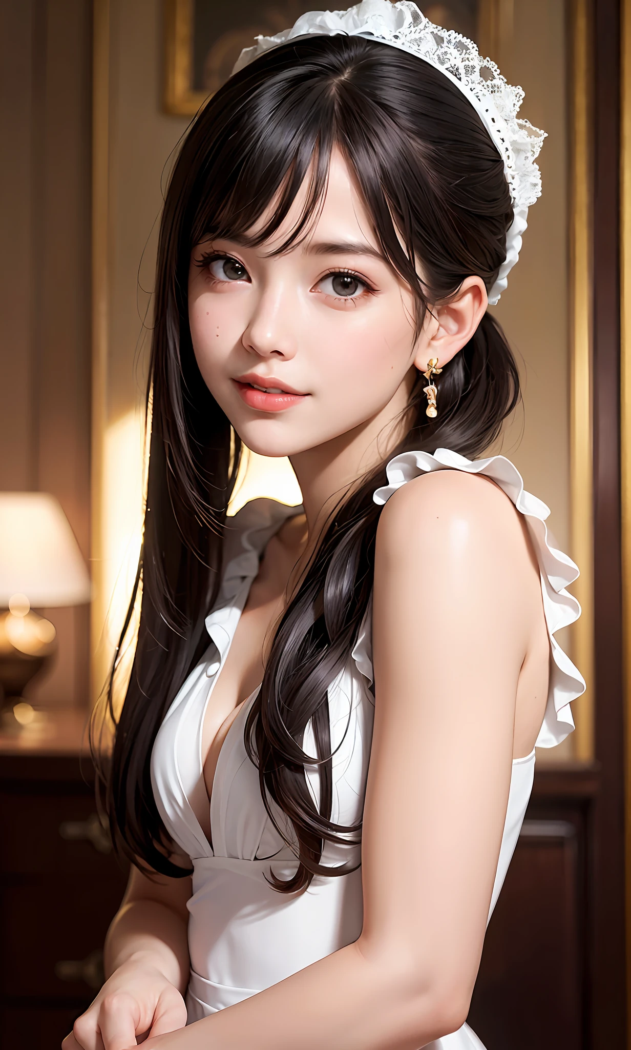 (8k, RAW photos, best quality, High resolution: 1.1), (surreal: 1.4), (realistic, realistic: 1.3), soft light, girl, realistic face, realistic body, realistic skin, ridiculous, masterpiece, (cute: 1.8), cute, solo, (: 1.2), detailed black eyes, innocent eyes, blush, (conservatively dressed: 1.2), movie lights, film grains, jewelry, earrings, ((medium hair: 1.1)), (floating hair nova frog style)), cherry lips, headband, hair bow, ponytail, viewer, long hair, open lips, upper teeth, (smiling eyes: 0.6), (grinning:1.2)), depth of field, blurred background, eye focus, bokeh, young, 85mm lens, f/1.4, professional lighting, youth, photon mapping, radiosity, physically based rendering,