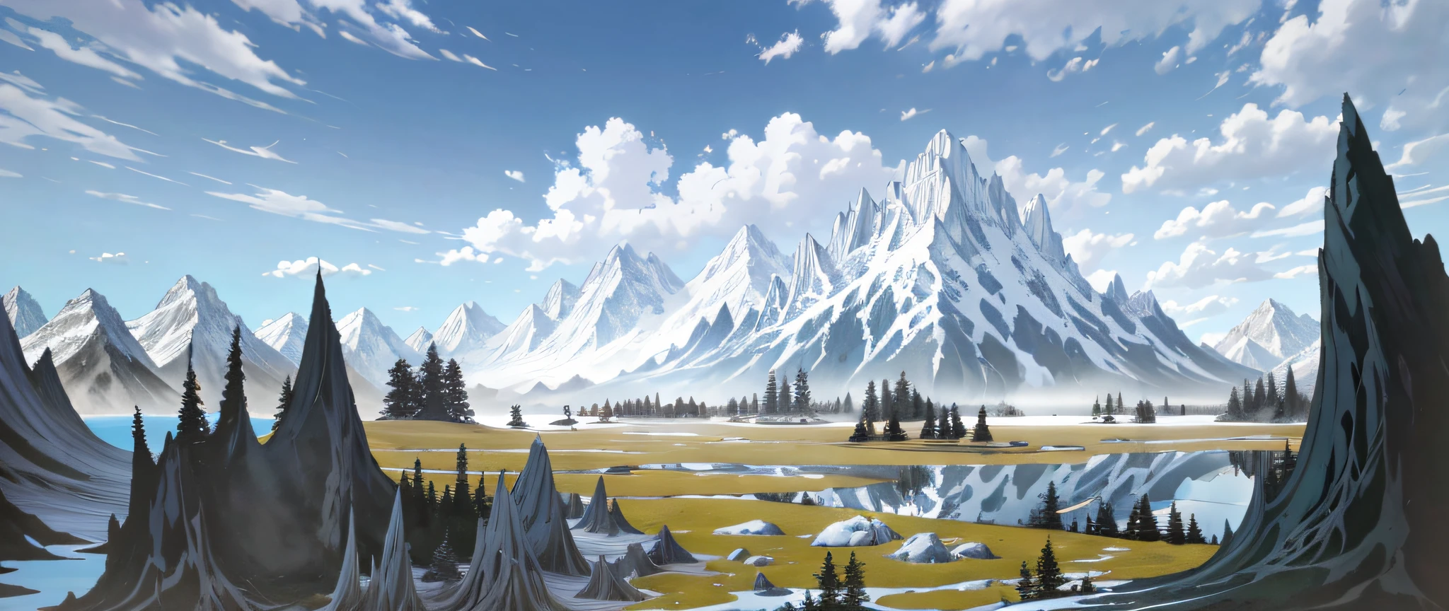 The land in front of it is all lakes, reflecting the appearance of snow-capped mountains, and there is an island in the center of the lake, surrounded by mist, and the sky is not so cloudy