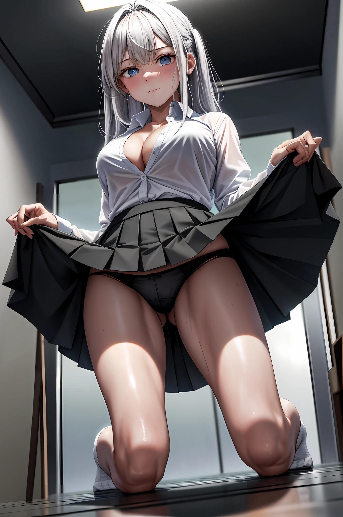 Masterpiece, Top Quality, High Definition, Hi-Res, One Girl, Solo, Angle from Below, Skirt, Shirt, Blue Eyes, White Y-shirt, Unbuttoned, Unbuttoned, Fluffy, Cleavage,Protruding, Hard, White Hair, Pleated Skirt, Socks, Black Skirt, Long Hair, Long Sleeve, Bangs, School Uniform, Black Socks, Dress Shirt, Troubled Look,Blush, Sweaty, Drenched, Sheer view, Sheer clothing, Wind-in-the-wind skirt, Lift up skirt, Crotch line, Hip line, White underwear, Panty shots, Beautiful leg line, Water droplets running down your feet, Drenched lower body, Wet waist, Excess crotch droplets, Three-dimensional feeling of body parts, Exposed undergarment, Realistic skin texture, Focused on feet, Kneeling, Knees spread, Bright room, Finger shifting panties position, lighting from below, bitten panties
