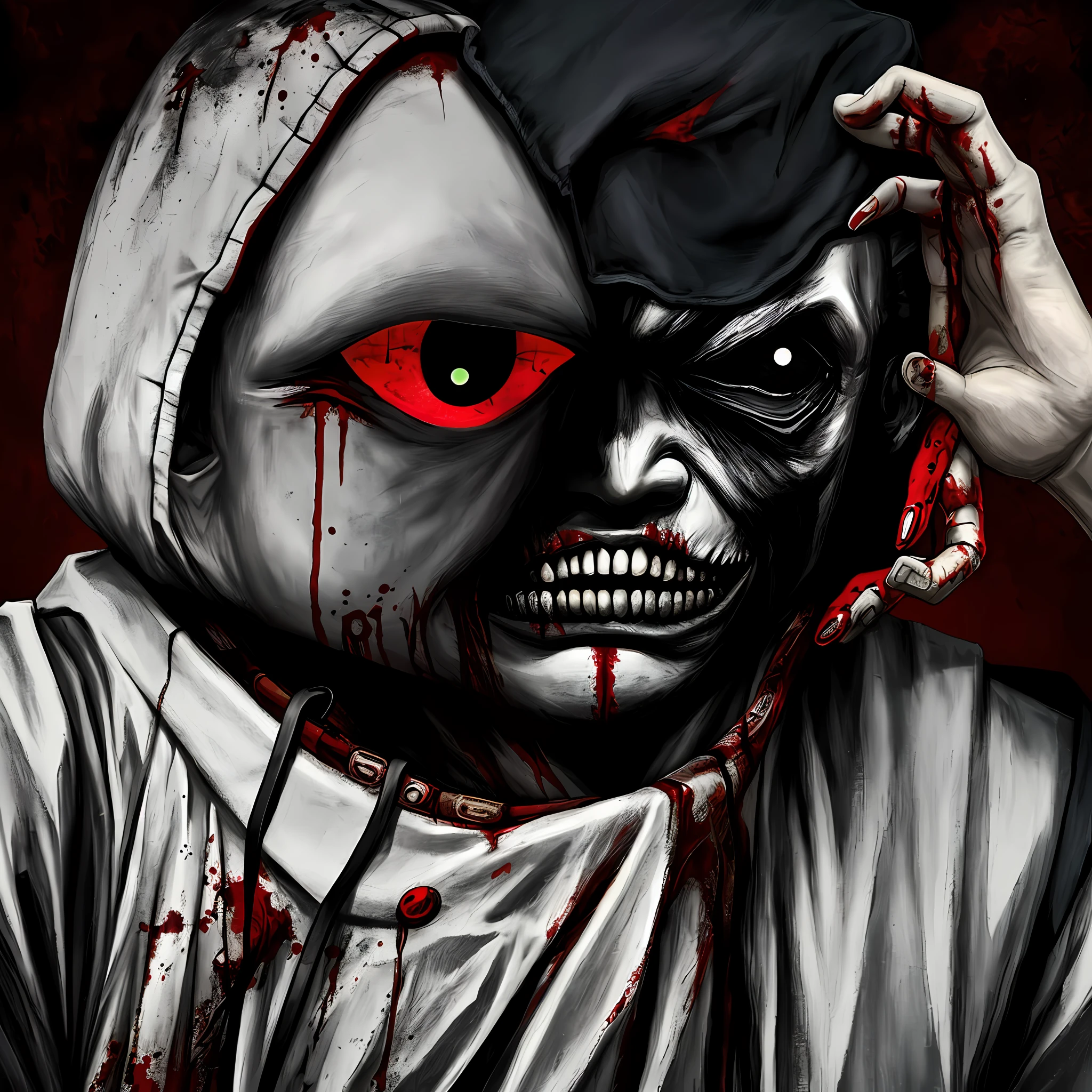 Scary picture , man with sewn mouth , photorealism , rap album cover , noir , night , moon , severed limbs , blood splashes