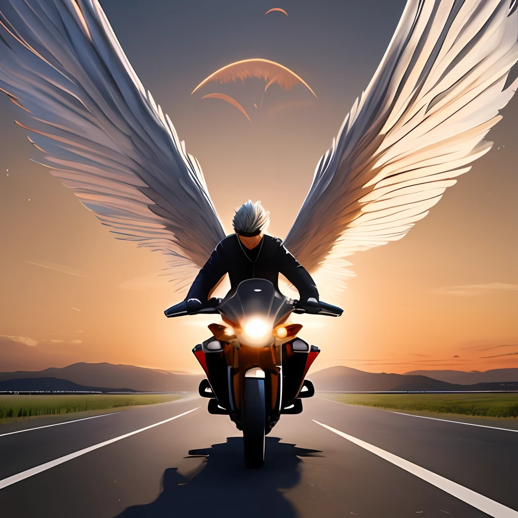 dynamism, angel with big wings, riding a motorcycle cut through the wind, big wings, wings fluttering in the wind, sunset, meteor, light --auto --s2