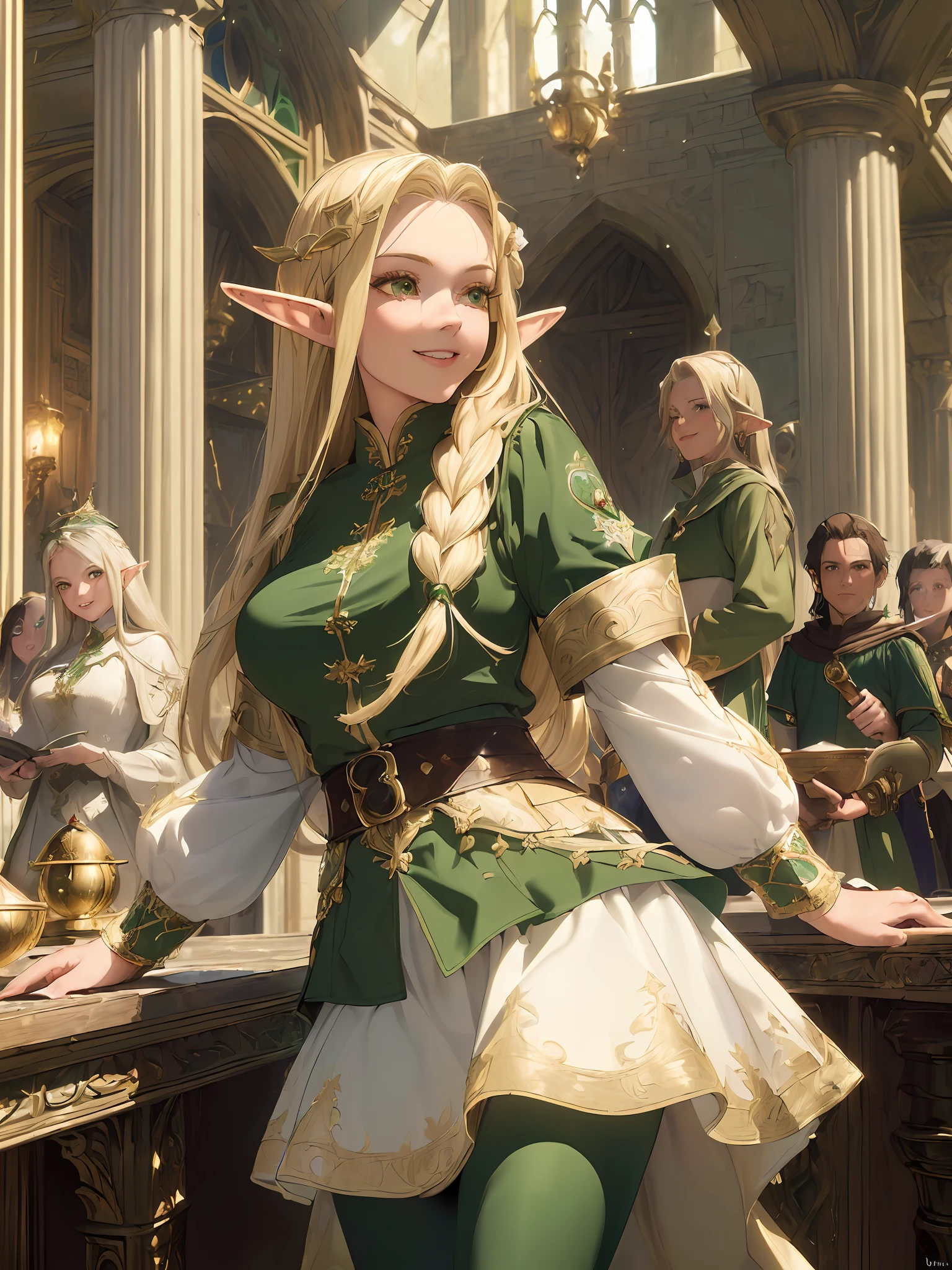 (((Masterpiece, Best Quality, High Definition, High Detail)))), (((Fantasy)), One, (Elf Woman)))), (White Short Skirt with Gold Embroidery), (Blonde Long Straight Hair), (Glossy Dark Green Eyes), (Green Surcoat with Gold Embroidery), Big, Smile, (((Adventurer's Guild Reception Counter)), (Lots of Adventurers)