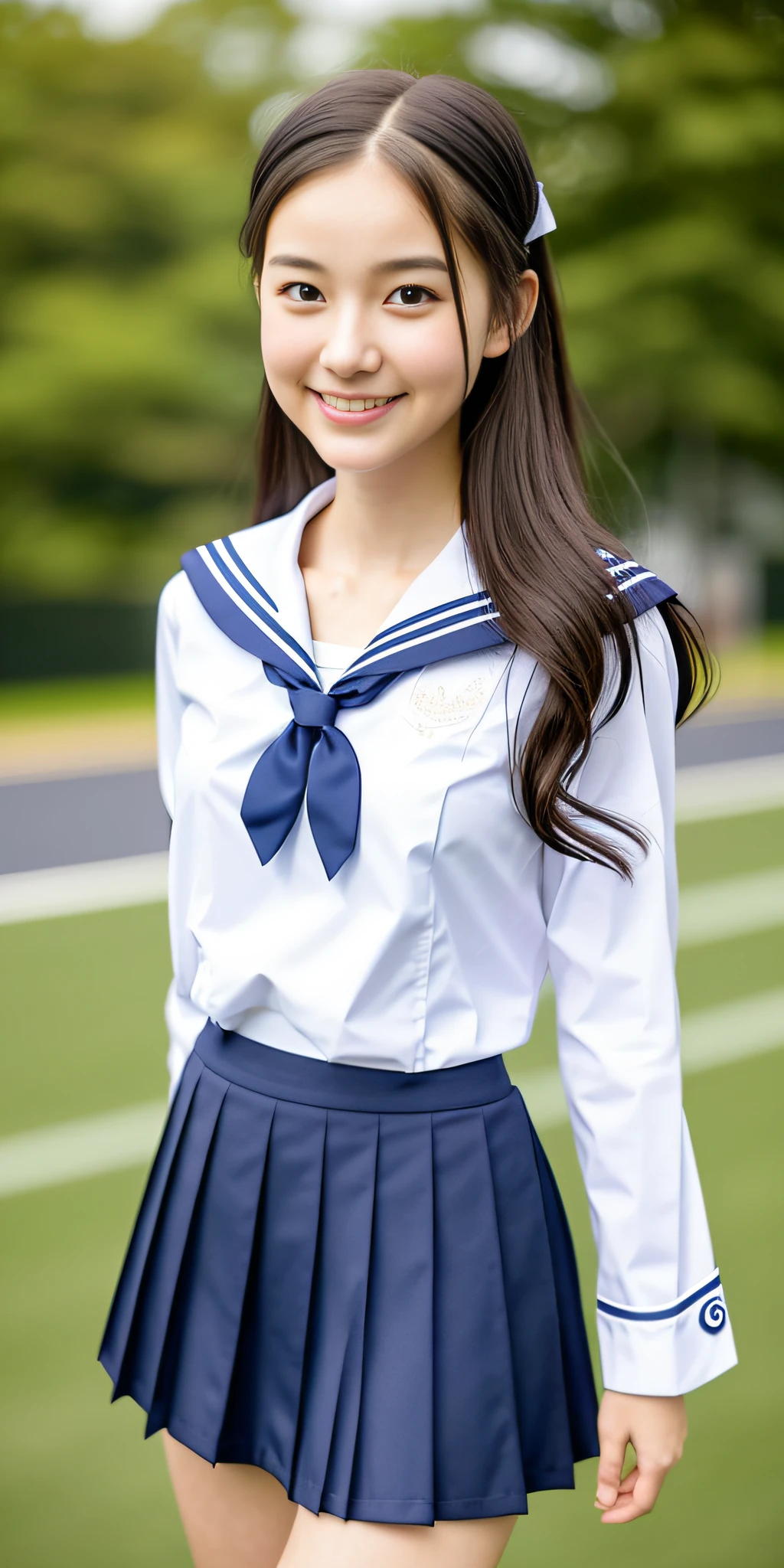 neat college girl, (school uniform, sailor uniform, ribbon tied at chest, summer uniform, upper body white, skirt is navy blue), outside the athletic field, (slim), photorealistic, detail, skin texture, ultra detail, delicate and sexy collarbone, smile, super detailed face, detailed lips, detailed eyes, double eyelids, small breasts, small breasts, small, flat breasts, breast emphasis