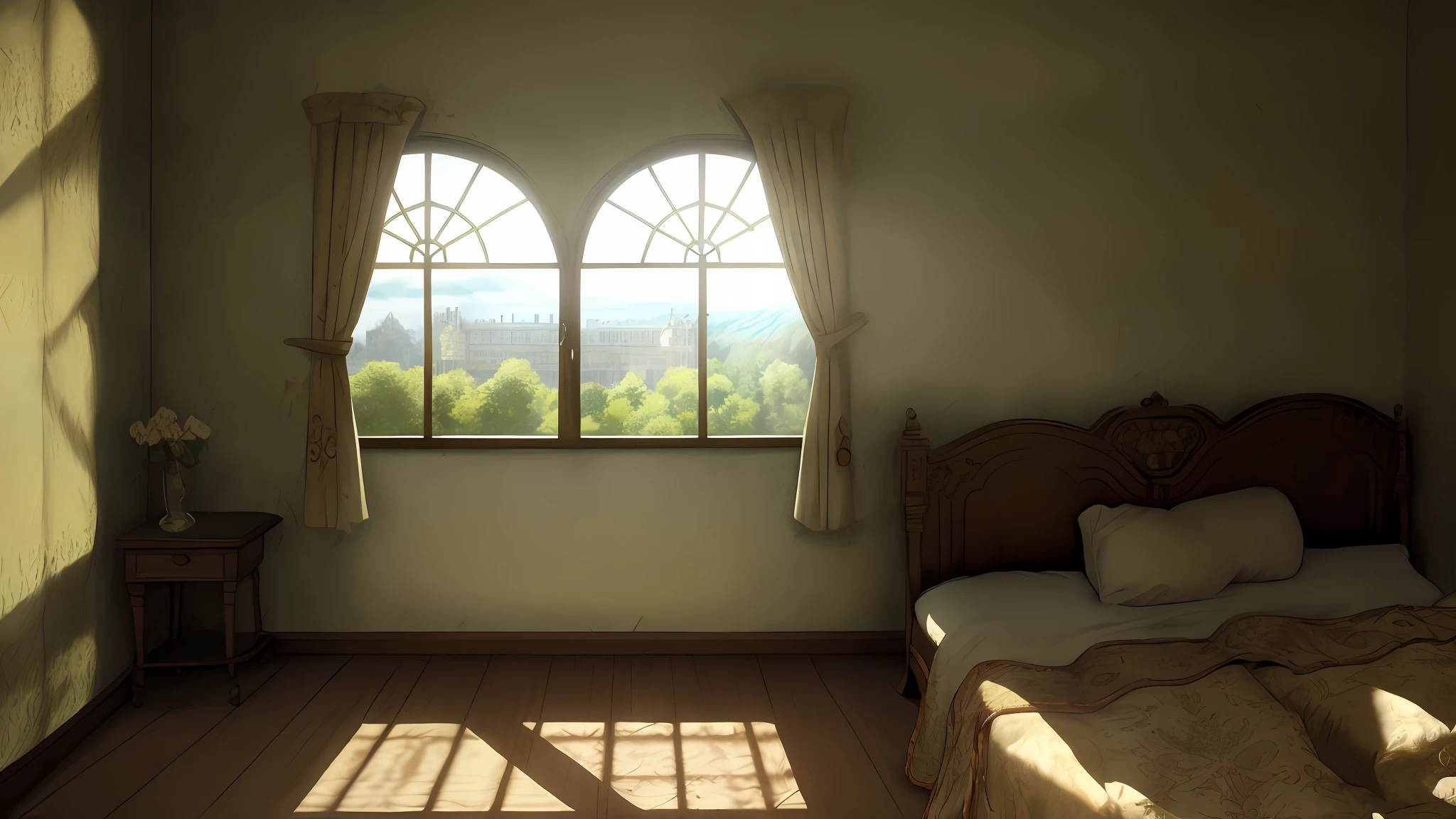 masterpiece, Highly detailed, super realistic, 4k, 8k, detailed background, bright Lighting, Daylight,  Victorian style,
(sanatorium), (windows and curtains), (bed),