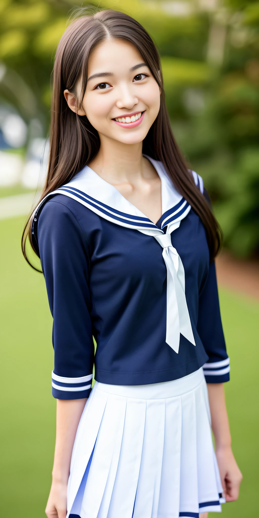 neat college girl, (school uniform, sailor uniform, ribbon tied at ?????, summer uniform, upper body white, skirt is navy blue), outside the athletic field, (slim), photorealistic, detail, skin texture, ultra detail, delicate and ???? collarbone, smile, super detailed face, detailed lips, detailed eyes, double eyelids, small ???????, small ???????, small, flat ???????, ?????? emphasis