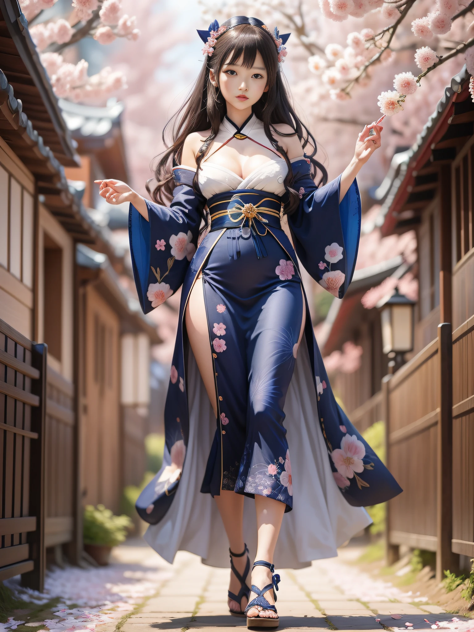 full body,full shot,sfw,russian goddess princess girl in the image of a geisha with big bright blue eyes and long fluffy eyelashes Nordic type with a perfect graceful figure and very long and fluffy wavy hair of bright wheat colour stands in full growth on the alley against the background of blooming Japanese pink sakura in Japanese kimono colour bright navy blue and Japanese shoes gane colour bright navy blue, The girl's lace kimono is intricately patterned with frank cutouts ultra short, Small breasts with protruding seen through fabric, the ground where the girl is standing is generously strewn with sakura petals, the scene is highly artistic, high resolution, sharp focus, art style Migjorni-V5, hyperphotorealism, perfect proportions, golden ratio photo, flare, outline, sunlight, soft glow, soft focus, photography style soft focus through Monocle lens