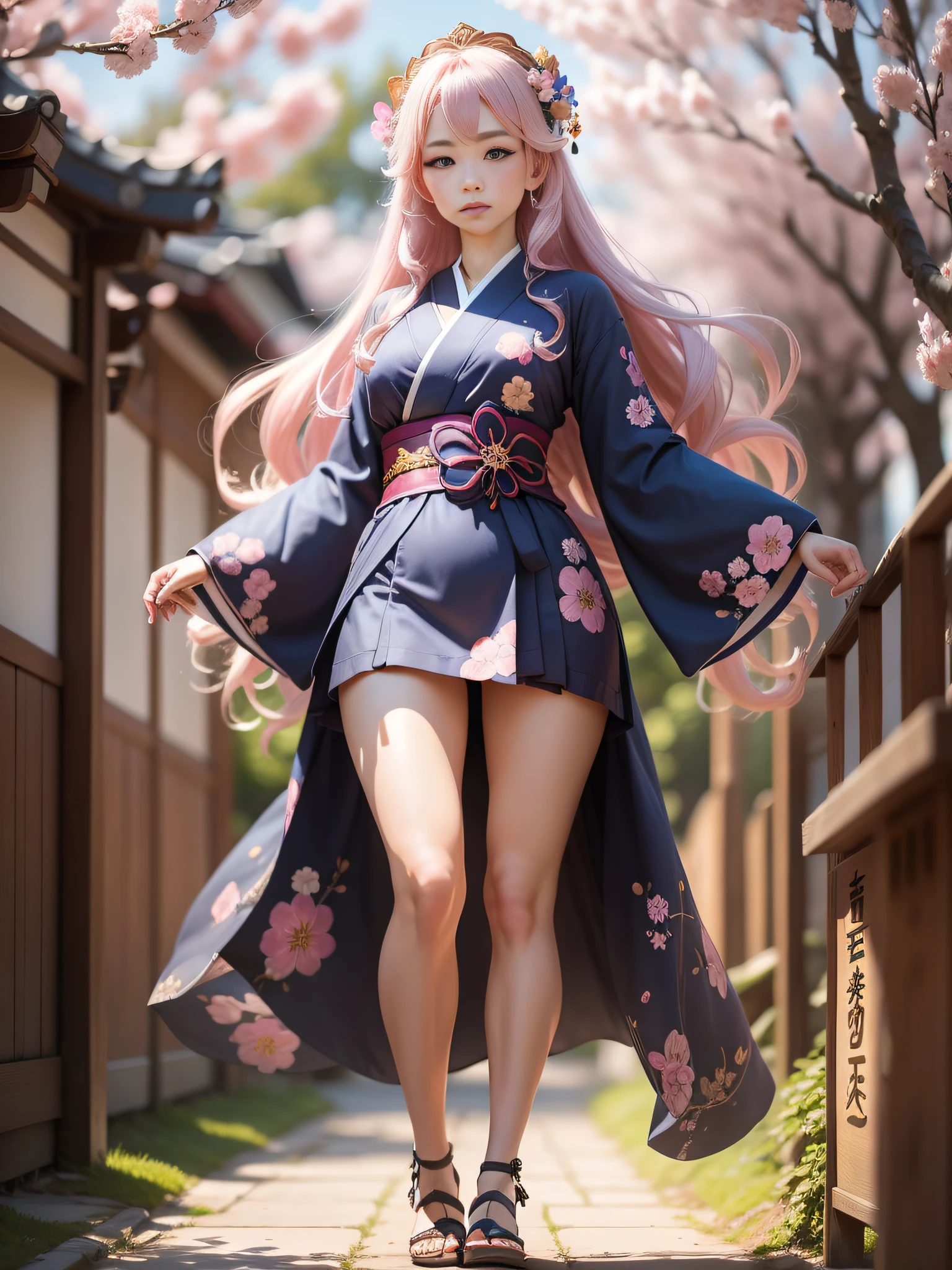 full body,full shot,sfw,russian goddess princess girl in the image of a geisha with big bright blue eyes and long fluffy eyelashes Nordic type with a perfect graceful figure and very long and fluffy wavy hair of bright wheat colour stands in full growth on the alley against the background of blooming Japanese pink sakura in Japanese kimono colour bright navy blue and Japanese shoes gane colour bright navy blue, The girl's lace kimono is intricately patterned with frank cutouts ultra short, Small breasts with protruding seen through fabric, the ground where the girl is standing is generously strewn with sakura petals, the scene is highly artistic, high resolution, sharp focus, art style Migjorni-V5, hyperphotorealism, perfect proportions, golden ratio photo, flare, outline, sunlight, soft glow, soft focus, photography style soft focus through Monocle lens