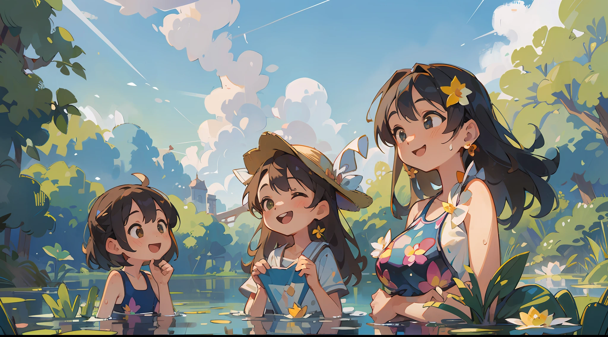 (Masterpiece, best quality), 3 girls playing in the water, smiling, fine facial features, splashes, swimsuits, lake with flowers, lotuses, clouds, sun, clean blue sky, smile and have fun