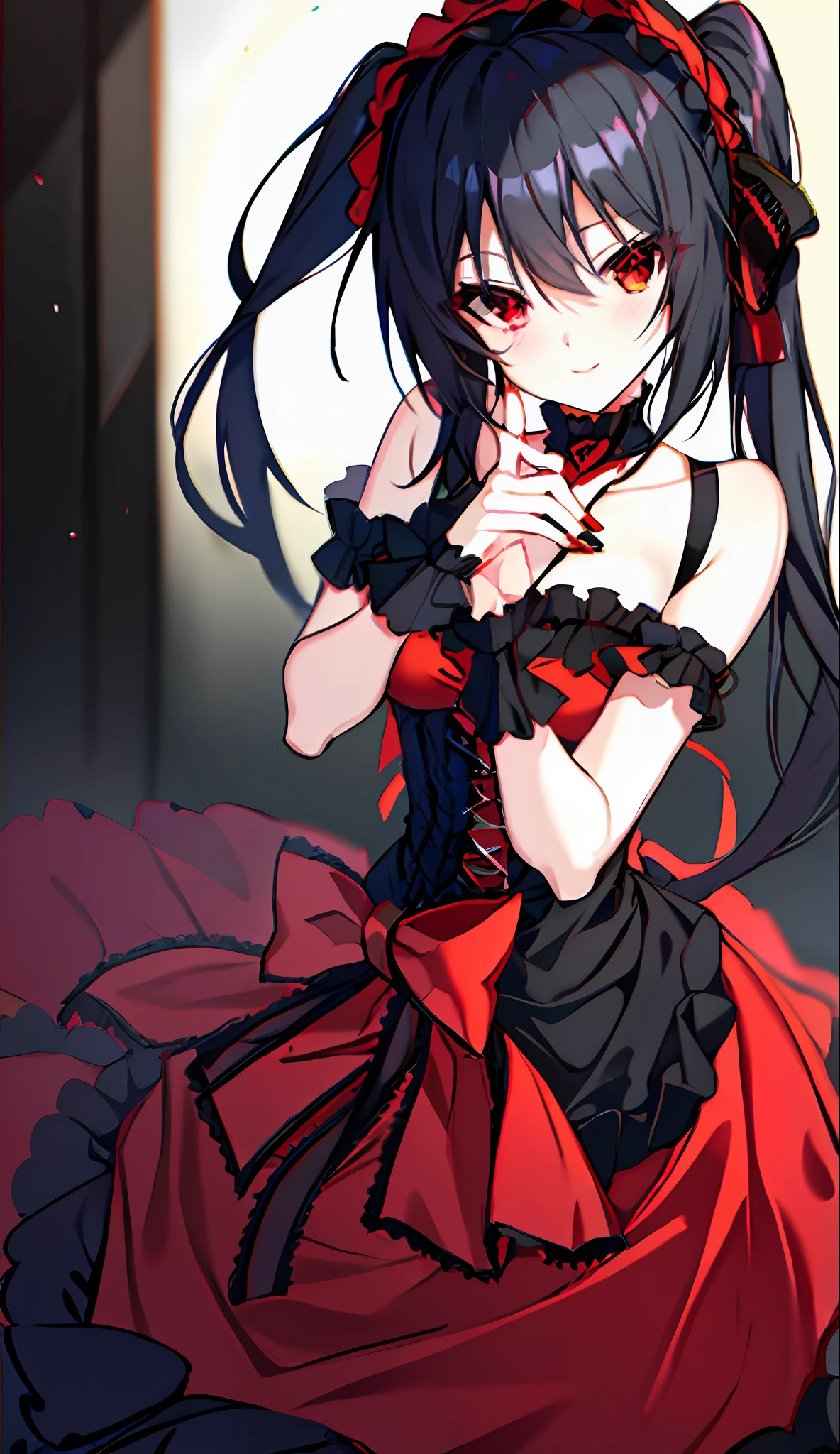 18 Year Old Beautiful Girl, Masterpiece, Top Quality, 8K Anime, 1 Girl, Solo, Detailed Fingers, Precise Fingers, Non-Unnatural Hands, Odd Eye, Red Eyes, Cleavage, Black Hair Twin Tails, Kurumi Tokizaki