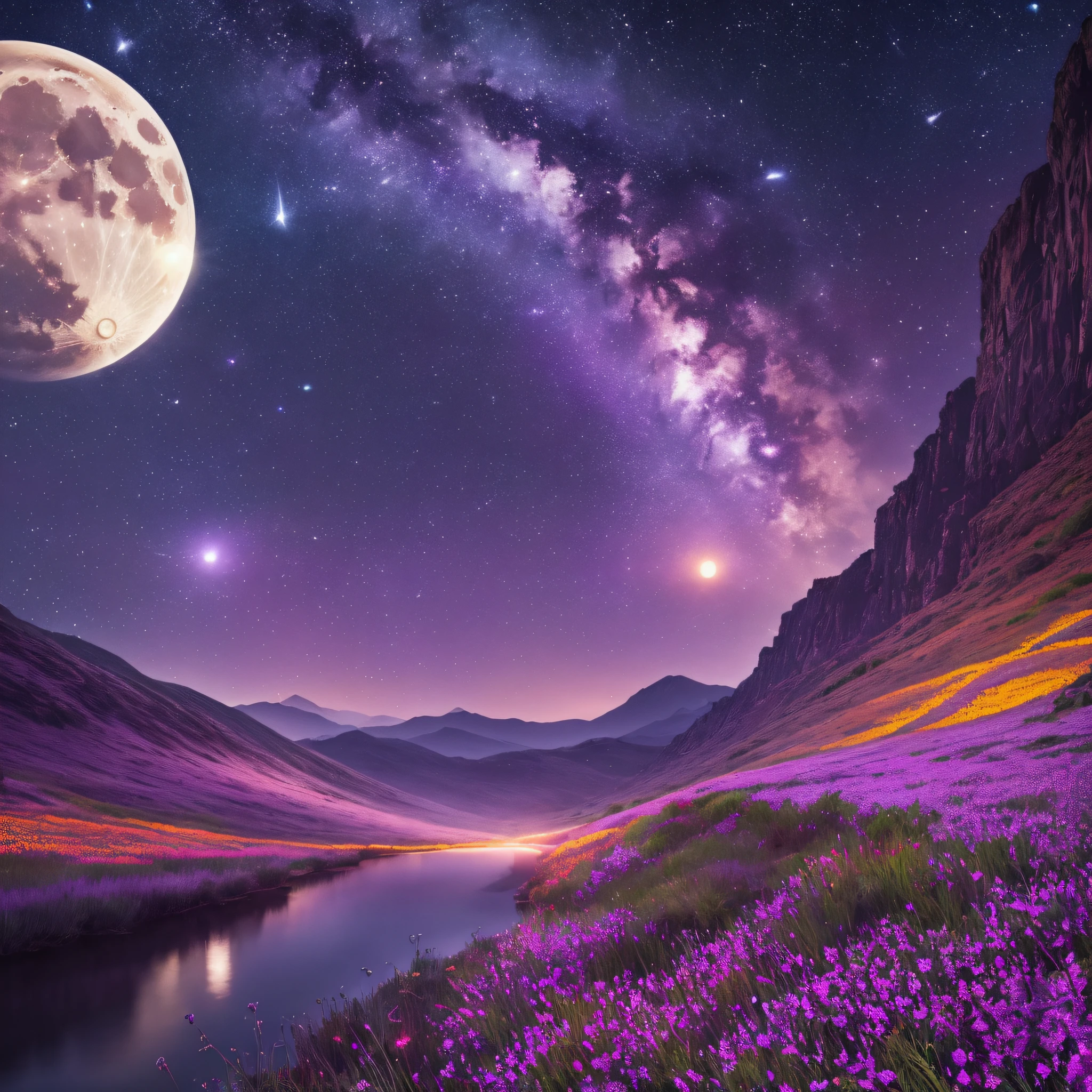 expansive landscape photograph , (a view from below that shows sky above and open field below), a girl standing on flower field looking up, (full moon:1.2), ( shooting stars:0.9), (nebula:1.3), distant mountain, tree BREAK
production art, (warm light source:1.2), (Firefly:1.2), lamp, lot of purple and orange, intricate details, volumetric lighting, realism BREAK
(masterpiece:1.2), (best quality), 4k, ultra-detailed, (dynamic composition:1.4), highly detailed, colorful details,( iridescent colors:1.2), (glowing lighting, atmospheric lighting), dreamy, magical, (solo:1.2) --auto --s2