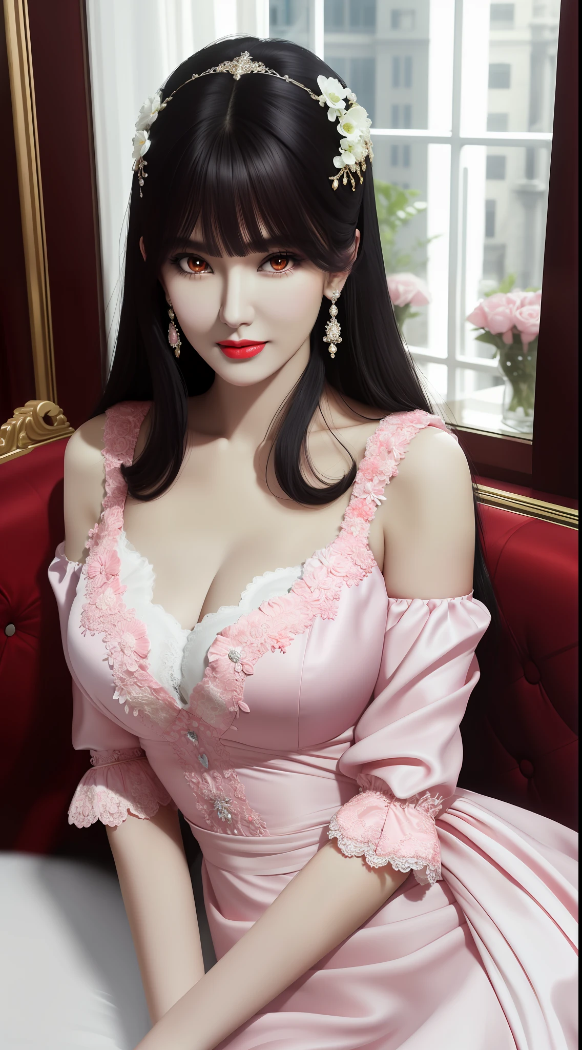 1 beautiful mature girl, looking at viewer, upper body, realistic,real girl, gentle girl, Girly, Full body shape, smooth pink and white skin, Front bangs, large breasts and round, excessively frilled princess dress, draped clothes, flawless face, jewelry, high nose, ornament, flower, lace trim, beautiful big and round orange eyes, sharp eyebrows, very sharp and detailed peacock eyelashes and makeup, red lips, Smile without opening your lips, long silky black hair and jewelry clips, masterpiece, best quality, 8k, detailed skin texture, detailed cloth texture, beautiful detailed face, intricate details, ultra detailed, rim lighting, side lighting, cinematic light, ultra high res, 8k uhd, film grain,best shadow, delicate, RAW photo, detailed and clear images, extremely sharp images,