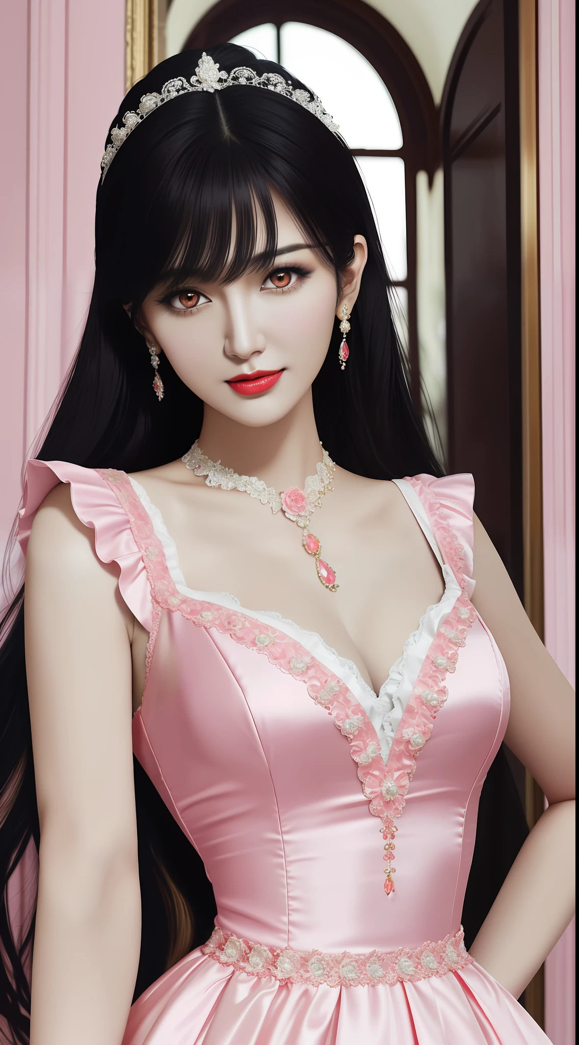 1 beautiful mature girl, looking at viewer, upper body, realistic,real girl, gentle girl, Girly, Full body shape, smooth pink and white skin, Front bangs, large breasts and round, excessively frilled princess dress, draped clothes, flawless face, jewelry, high nose, ornament, flower, lace trim, beautiful big and round orange eyes, sharp eyebrows, very sharp and detailed peacock eyelashes and makeup, red lips, Smile without opening your lips, long silky black hair and jewelry clips, masterpiece, best quality, 8k, detailed skin texture, detailed cloth texture, beautiful detailed face, intricate details, ultra detailed, rim lighting, side lighting, cinematic light, ultra high res, 8k uhd, film grain,best shadow, delicate, RAW photo, detailed and clear images, extremely sharp images,