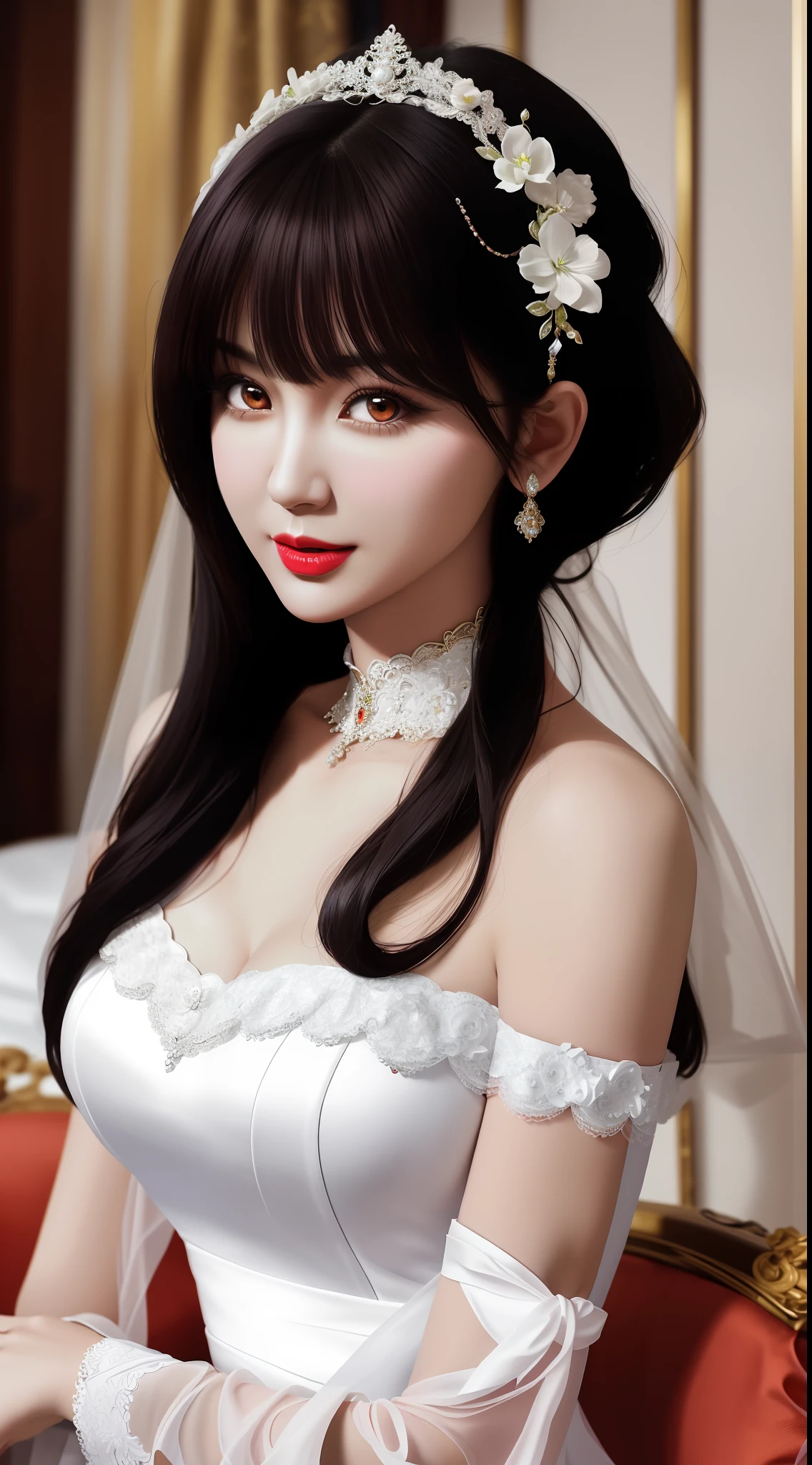 1 beautiful mature girl, looking at viewer, upper body, realistic,real girl, gentle girl, Girly, Full body shape, smooth pink and white skin, Front bangs, large breasts and round, excessively frilled princess dress, draped clothes, flawless face, jewelry, high nose, ornament, flower, lace trim, beautiful big and round orange eyes, sharp eyebrows, very sharp and detailed peacock eyelashes and makeup, red lips, Smile without opening your lips, long silky black hair and jewelry clips, masterpiece, best quality, 8k, detailed skin texture, detailed cloth texture, beautiful detailed face, intricate details, ultra detailed, rim lighting, side lighting, cinematic light, ultra high res, 8k uhd, film grain,best shadow, delicate, RAW photo, detailed and clear images, extremely sharp images,