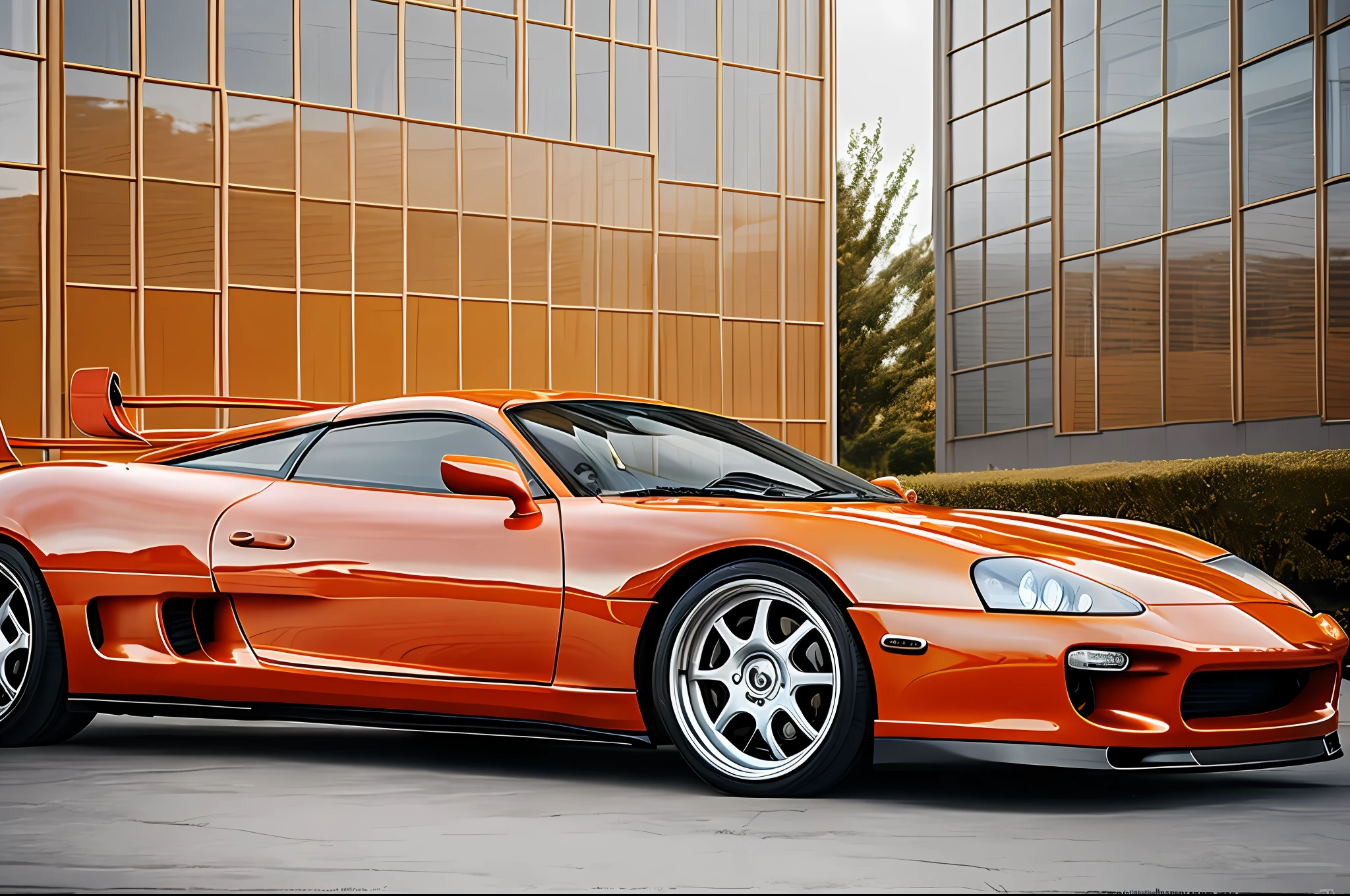 Arafed orange sports car parked in front of a modern building, supercar, full view of a sports car, super car, orange body, cast, $100000000, 1999, Germany car