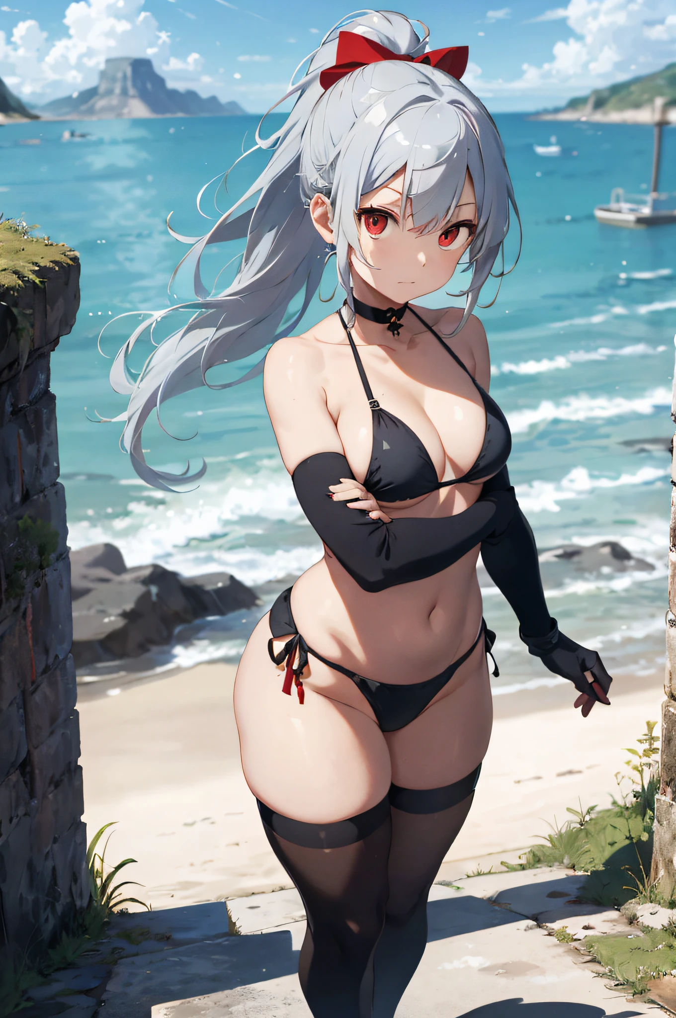 Movie angle, depth of field, (looking at the viewer), (right foreground: 1), (standing photo: 1),
Cat Eared Girl, (Solo),Silver Hair,(White Skin:1), (Curvaceous:1.2), (Wide Hips:1.1), Cat Eared Girl,
(Beautiful Coast Background), (Coast Background: 1.4), (Coast Background: 1.4),
(red clothes), (bare shoulders, red micro bikini), (T-back panties: 1.2), (glove armor: 1.2), sharp nails, detailed horns, choker, thigh boots,
(ponytail, hairs between the eyes), (silver-haired), red-eyed), (flat chest: 1.2),
expressionless, stunned, sleepy,
Wakame, wakame, wakame, wakame, wakame, wakame, wakame, wakame