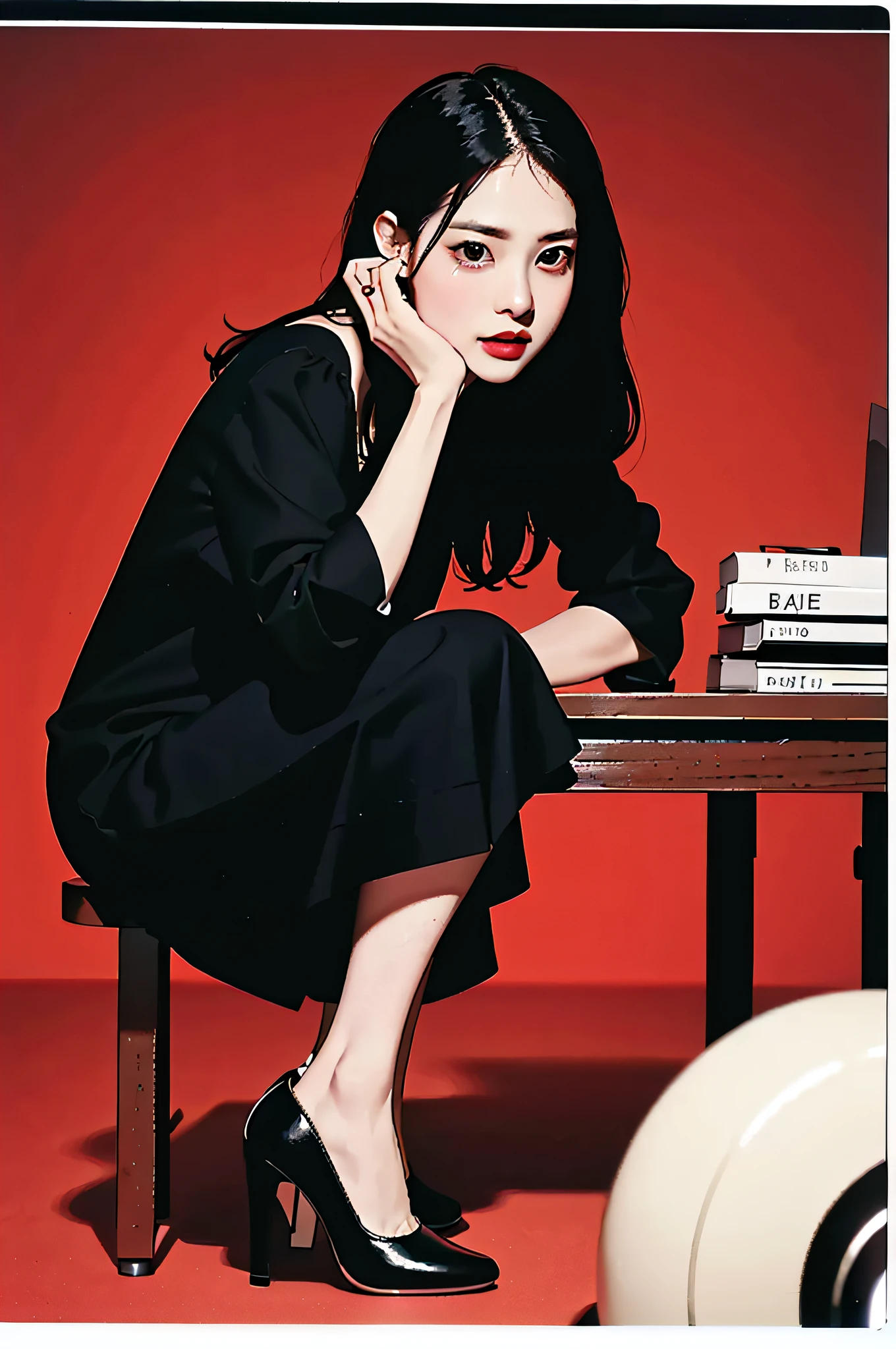 Polaroid black tone low key film, masterpiece, best quality, reading office lady, heels, red background,