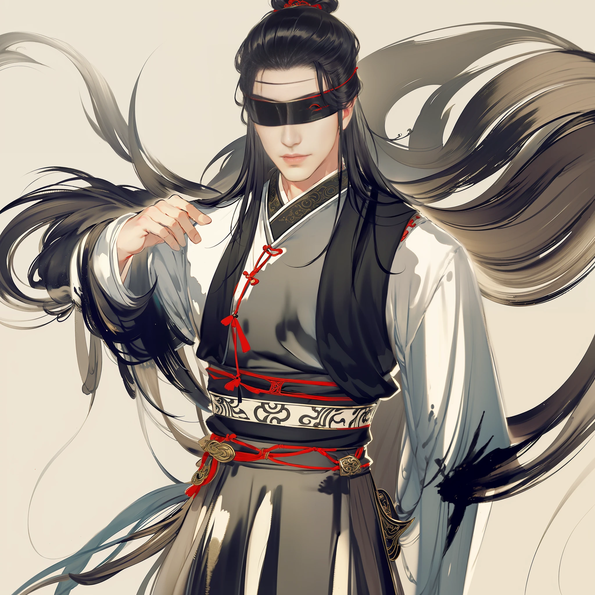 A handsome boy in ancient China, blindfolded, black cloth covering his eyes, wearing ancient Chinese clothing, flowing tulle, black, (clean background), ink painting style, decisive cutting, masterpiece, super delicate, epic composition, high quality, highest quality, 4K --niji 5