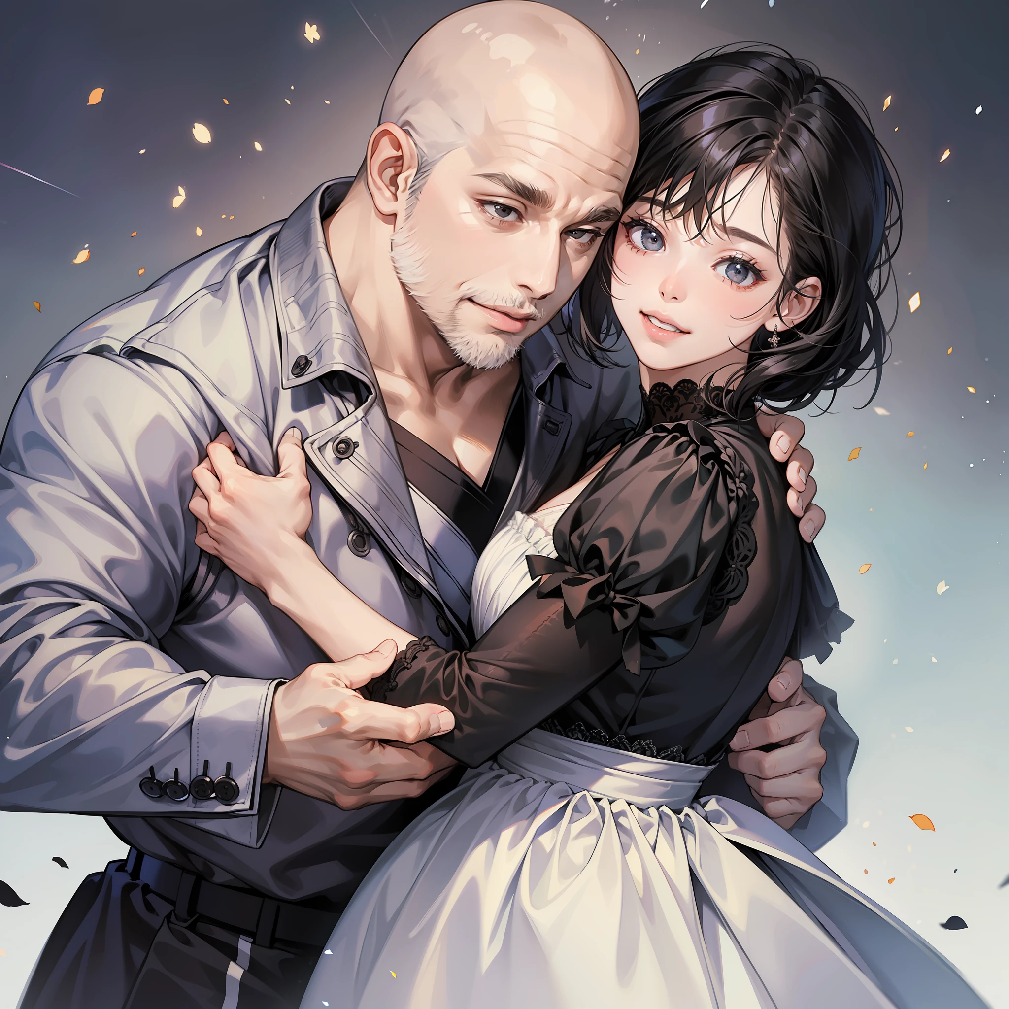 ((masterpiece)), (best quality), (detailed), (1girl), short black hair, sad expression, black eyes, white dress, mouth up, smile, hugging a fat bald middle-aged man