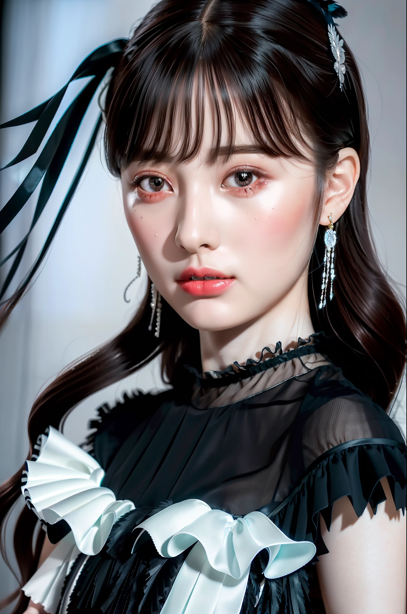 best quality, ultra hi res, photoreaslistic, a photography of a beautiful woman, 26yo age, detailed face, black Feathered layers, (detailed porcelain doll,delicate clothes with a lot of frills and ribbons), Bridge, (face close up), seductive look, looking at viewer
