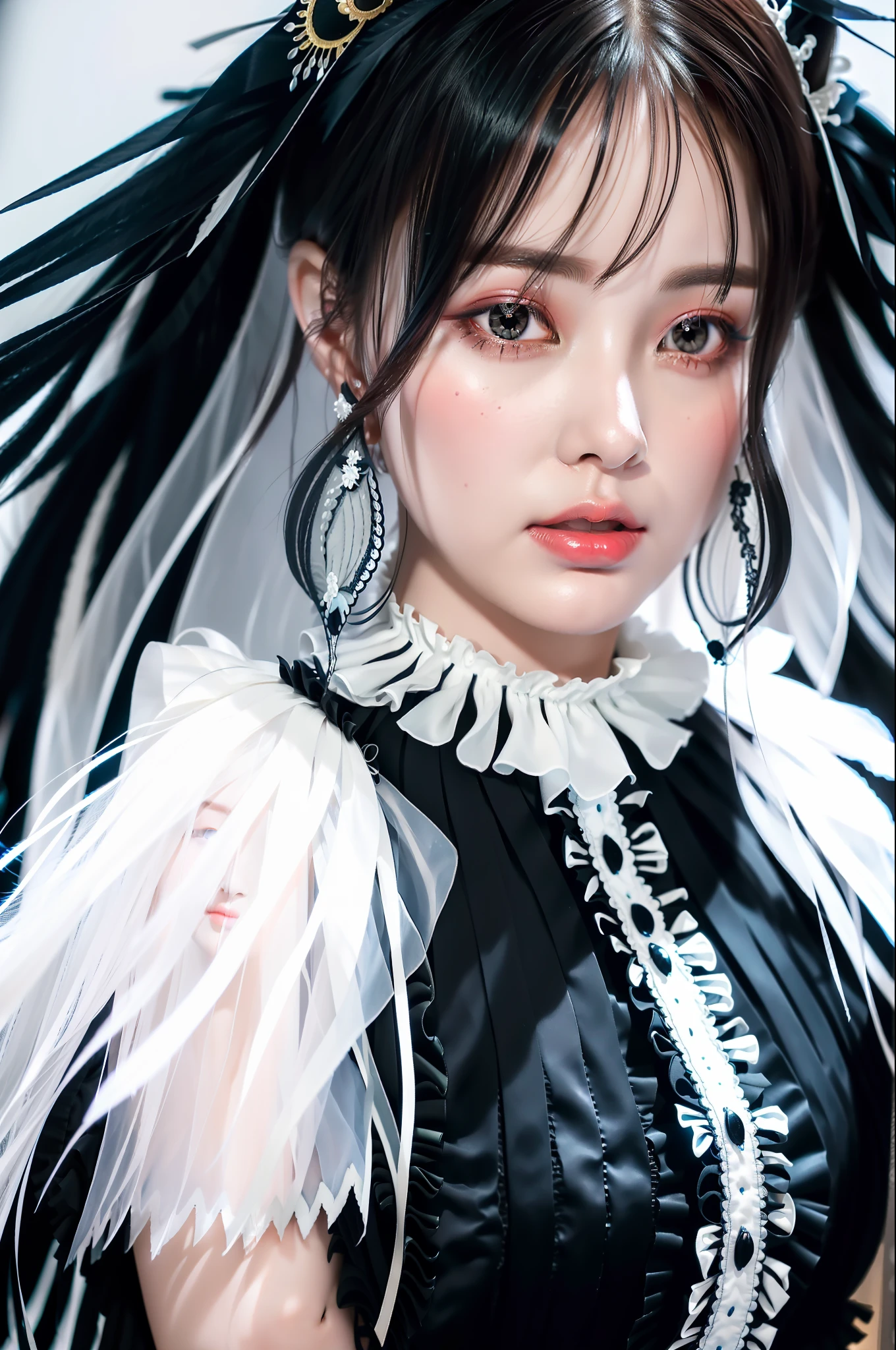 best quality, ultra hi res, photoreaslistic, a photography of a beautiful woman, 26yo teen age, detailed face, black Feathered layers, (detailed porcelain doll,delicate clothes with a lot of frills and ribbons), Bridge, (face close up), seductive look, looking at viewer