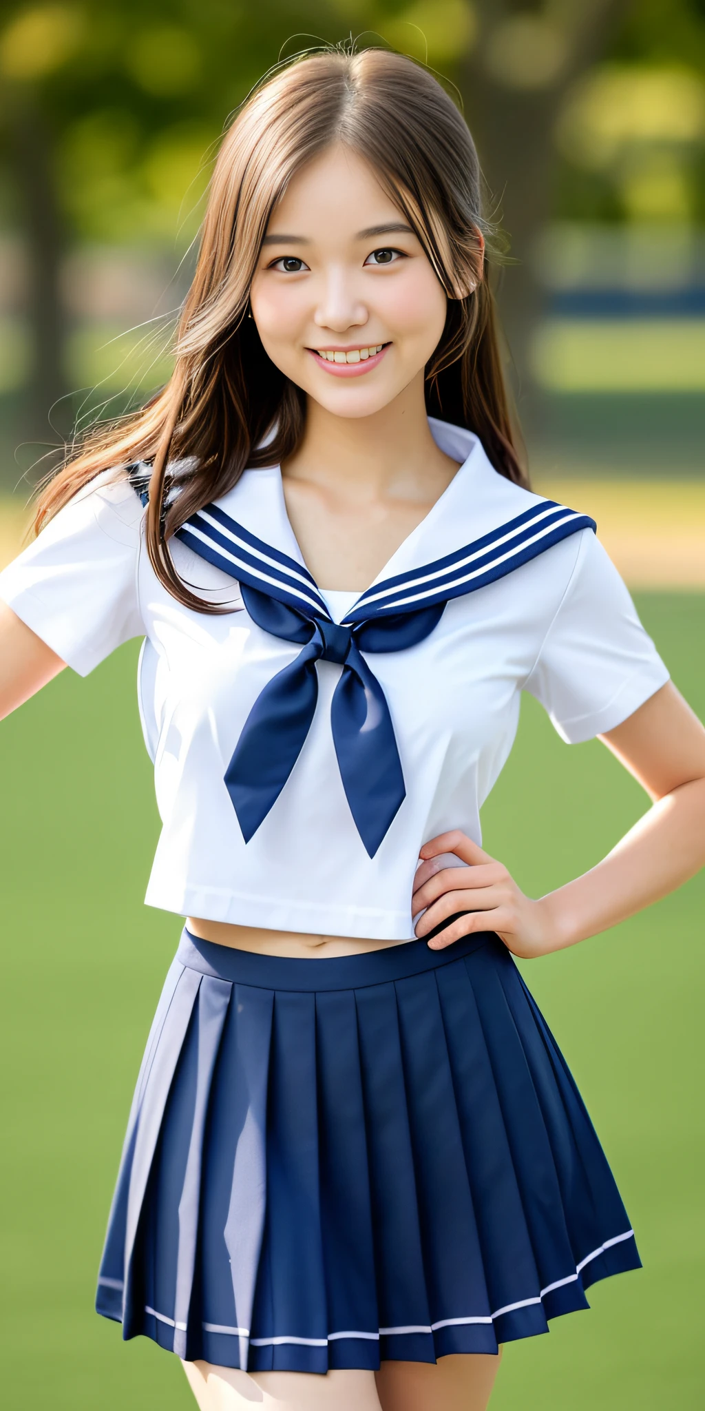 neat college girl, (school uniform, sailor uniform, ribbon tied at chest, summer uniform, upper body white, skirt is navy blue), outside the athletic field, (slim), photorealistic, detail, skin texture, ultra detail, delicate and sexy collarbone, smile, super detailed face, detailed lips, detailed eyes, double eyelids, small breasts, small breasts, small, flat breasts, breast emphasis