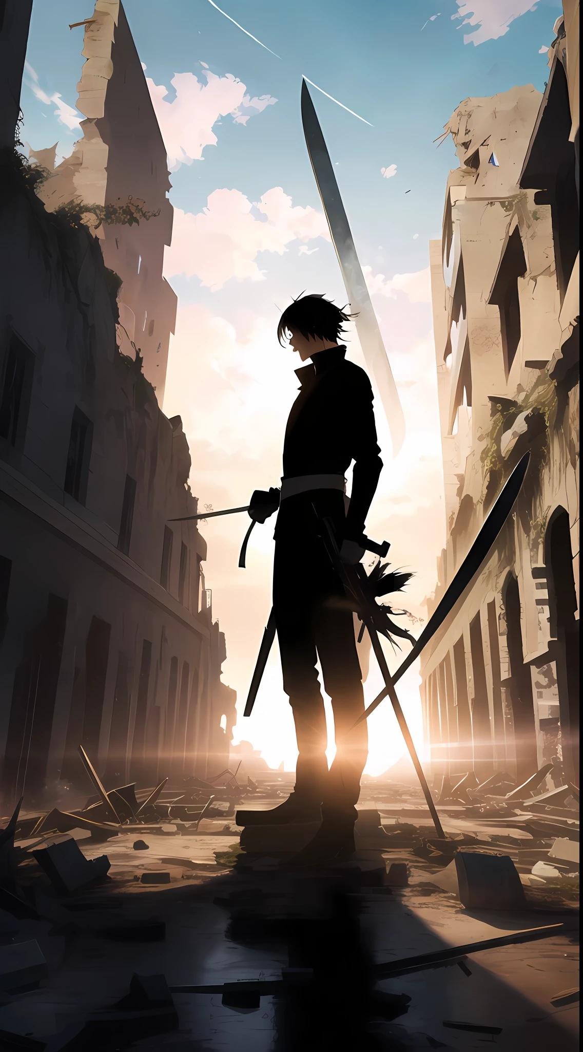 Anime characters standing in a ruined city with two swords, badass anime 8 K. Digital rendering, anime concept HDR anime McManus, key visuals. octane rendering, key art, key anime art, anime key art, in front of ruined city, anime key visual concept, back, look up at the sky, the sky is dark