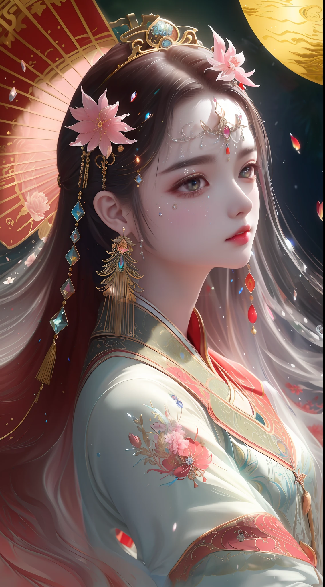 dramatic angle,(fluttered detailed color splashs), (illustration),(((1 girl))),(long hair),(rain:0.9),(hair ornament:1.4),there is an ancient palace beside the girl,chinese clothes,(focus on), color Ink wash painting,(color splashing),colorful splashing,(((colorful))),(sketch:0.8), Masterpiece,best quality, beautifully painted,highly detailed,(denoising:0.6),[splash ink],((ink refraction)), (beautiful detailed sky),moon,highly,detaild,(masterpiece, best quality, extremely detailed CG unity 8k wallpaper,masterpiece, best quality, ultra-detailed),(Lycoris radiata)