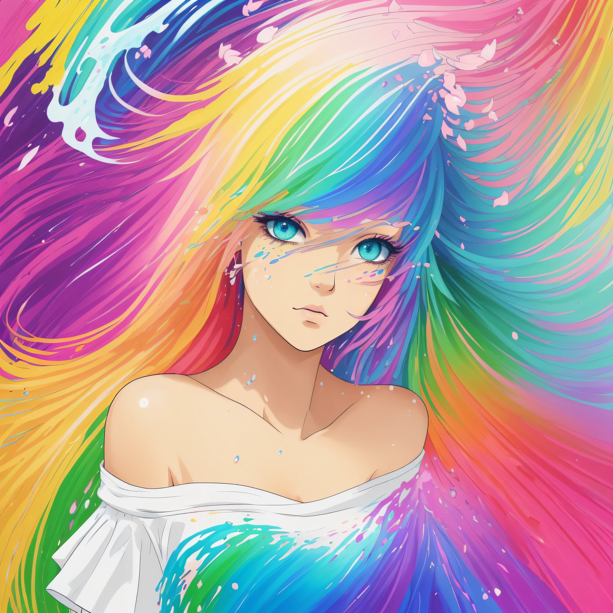 (Pink Fashion T-shirt:1.9),(Colorful hair: 1.8), (all the colours of the rainbow: 1.8),(((((vertical painting:1.6))), (painting:1.6),front, comics, illustrations, paintings, large eyes, crystal clear eyes,( rainbow color gradient high ponytail:1.7), exquisite makeup, closed mouth,(Small Fresh: 1.5),(Wipe Chest: 1.6) ,long eyelashes, white off shoulder T-shirt, White Shoulder Shirt,looking at the audience, large watery eyes, (rainbow colored hair:1.6), color splash, (solo:1.8), color splash, color explosion, thick paint style, messy lines, ((shining)),(colorful), (colorful), (colorful), colorful, Thick Paint Style, (Splash) (Color Splash), Vertical Painting, Upper Body, Paint Splash, Acrylic Pigment, Gradient, Paint, Highest Image Quality, Highest Quality, Masterpiece, Solo, Depth of Field, Face Paint, colorful clothes, (Elegant: 1.2), gorgeous,long hair, wind, (Elegant: 1.3), (Petals: 1.4),(((masterpiece))),(((best quality))),((ultra-detailed)),(illustration),(dynamic angle),((floating)),(paint),((disheveled hair)),(solo),(1girl) , (((detailed anima face))),((beautiful detailed face)),collar,bare shoulders,white hair, ((colorful hair)),((streaked hair)),beautiful detailed eyes,(Gradient color eyes),(((colorful eyes))),(((colorful background))),(((high saturation))),(((surrounded by colorful splashes))), --auto --s2