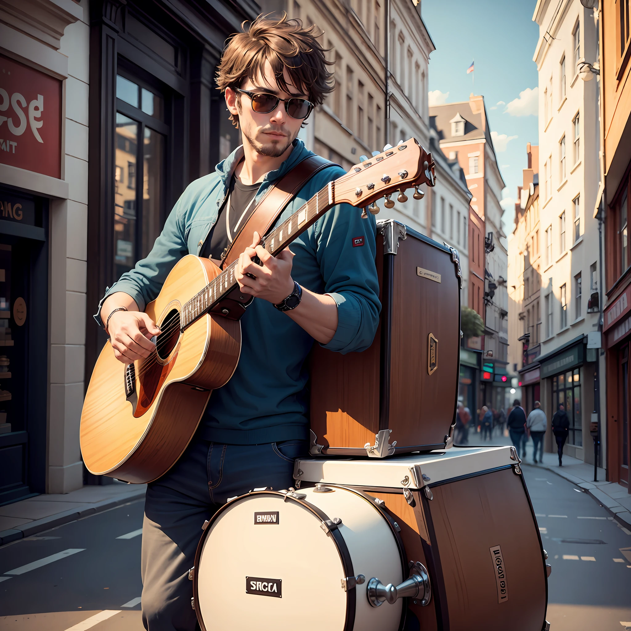 a one-man band playing his musical instruments in the highstreet, guitar, big drum on his back, other instruments, city background
