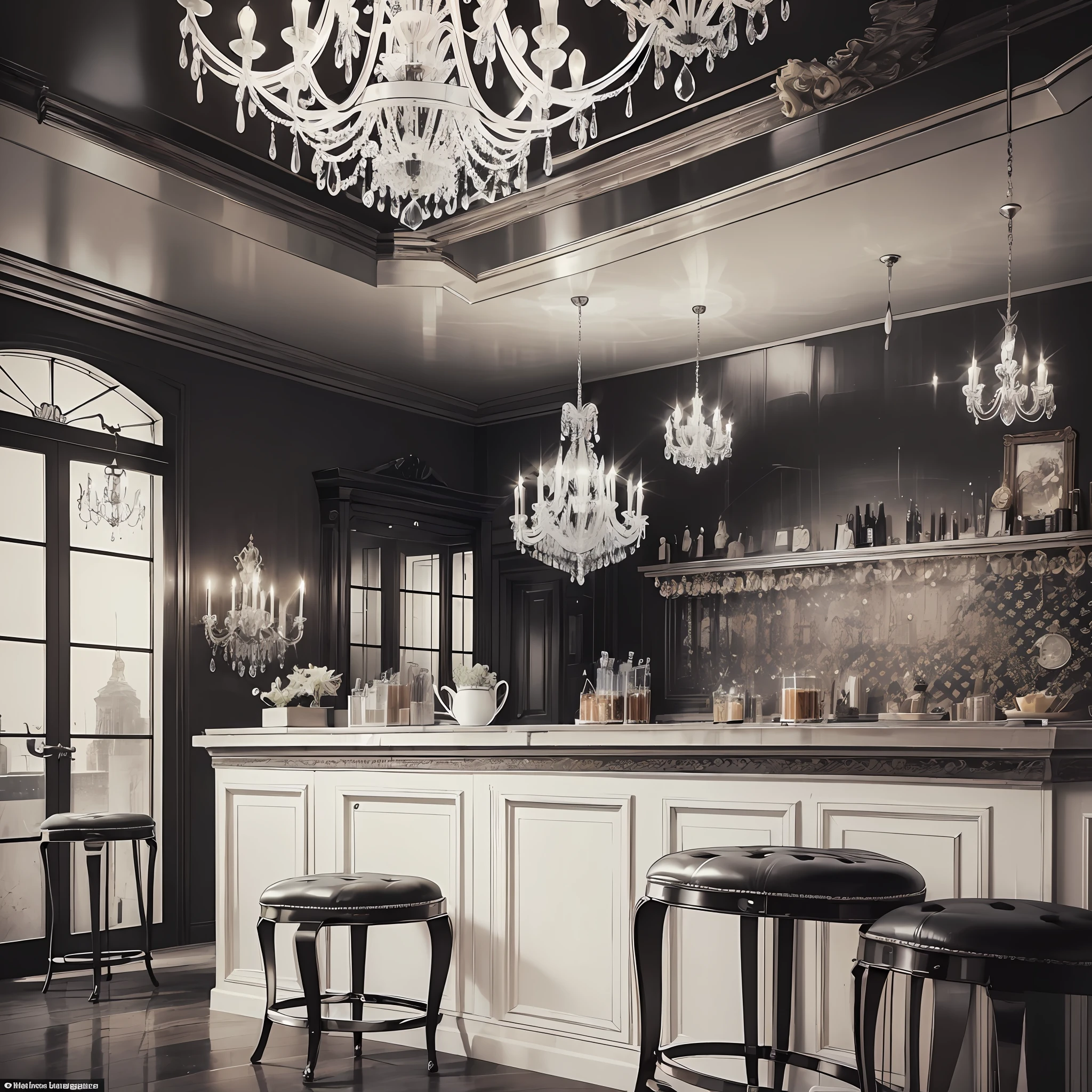 (Style: Flat paint, subject: coffee shop, objects: black and white furniture, elements: counter, lighting: crystal chandeliers, atmosphere: chic and elegant)