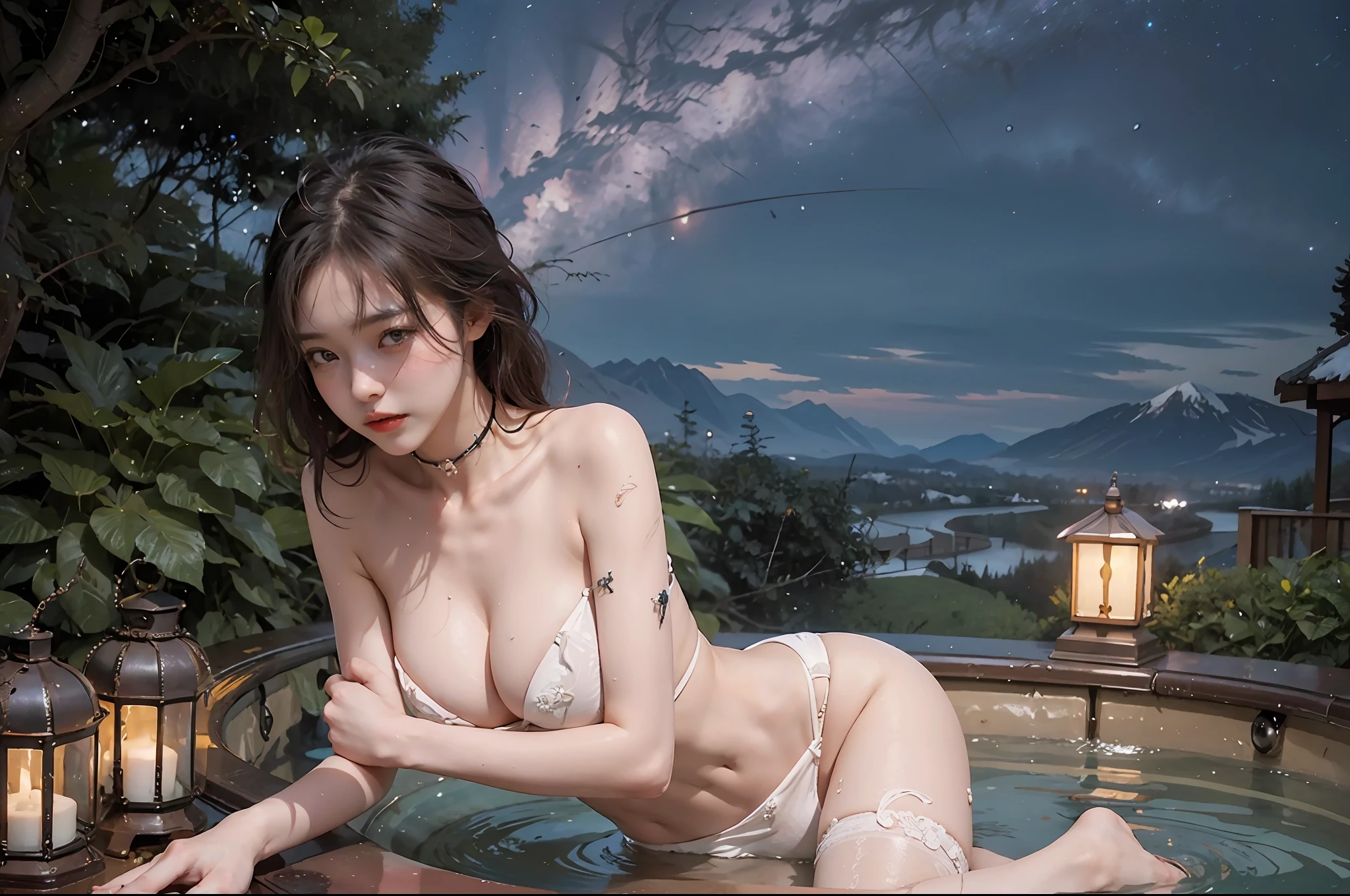 Beautiful woman, detailed body with big, sexy expression, black underwear, hot spring at night, pinching, milking, tamed, masturbation, topless, naked, beautiful arms, milky way galaxy, masturbator, looking for a boyfriend, raw undressing, space, holding back peeing, underground idol, secret hot spring, meteor rain, snow, space travel