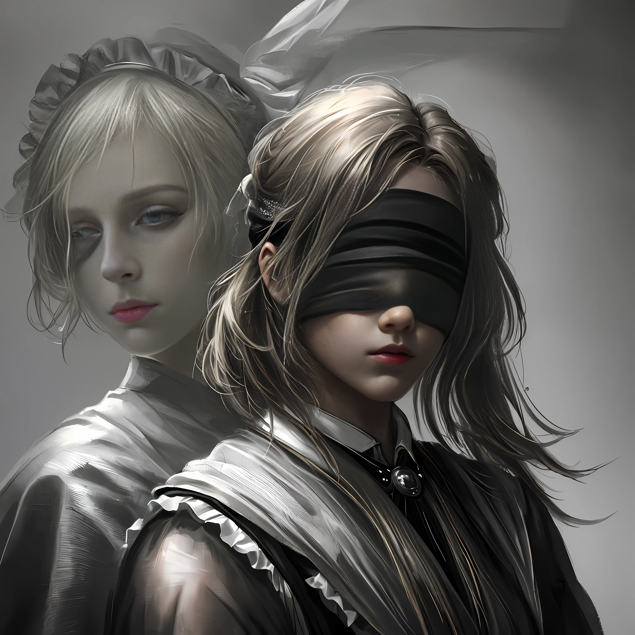 masterpiece, best quality, ultra realistic, hyper-detailed, 8k resolution, RAW photo, (1girl), solo, gorgeous face, perfect body, mature female, 25yo, portrait, maid dress, vintage, sexy, messy hair, (blindfold), cinematic, cinematic light, dark theme