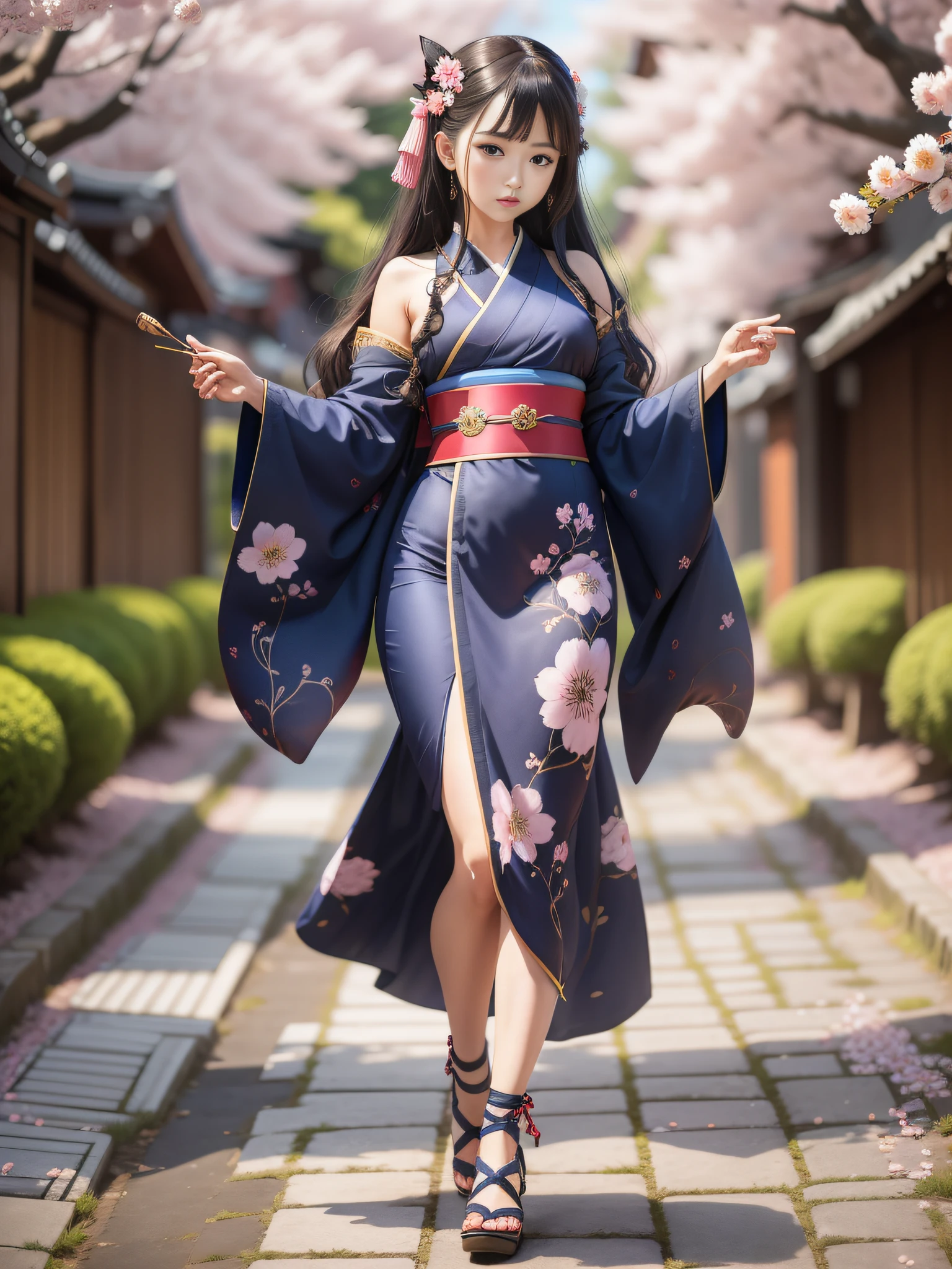 full body,full shot,sfw,russian goddess princess girl in the image of a geisha with big bright blue eyes and long fluffy eyelashes Nordic type with a perfect graceful figure and very long and fluffy wavy hair of bright wheat colour stands in full growth on the alley against the background of blooming Japanese pink sakura in Japanese kimono colour bright navy blue and Japanese shoes gane colour bright navy blue, The girl's lace kimono is intricately patterned with frank cutouts ultra short, Small breasts with protruding are visible through the fabric and in the girl's ears are beautiful ear-rings with precious navy blue sapphires that shimmer and sparkle in the light The ground on which the girl stands is strewn with cherry blossoms, the scene is highly artistic, high resolution, sharp focus, artistic style Migjorni-V5, hyperphotorealism, perfect proportions, golden ratio photo, flare, outline, sunlight, soft glow, soft focus, photography style soft focus through a Monocle lens.
