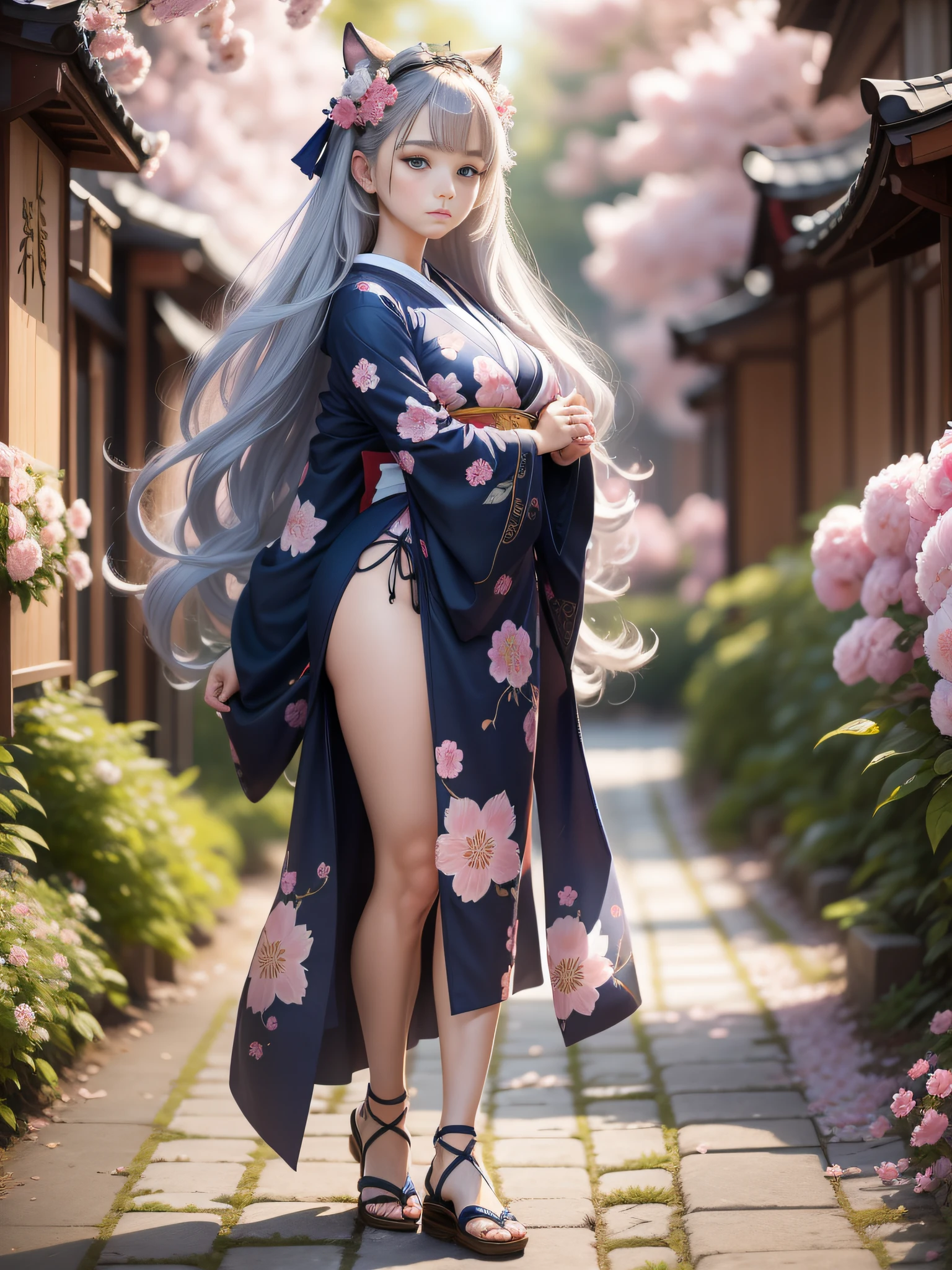 full body,full shot,sfw,russian goddess princess girl in the image of a geisha with big bright blue eyes and long fluffy eyelashes Nordic type with a perfect graceful figure and very long and fluffy wavy hair of bright wheat colour stands in full growth on the alley against the background of blooming Japanese pink sakura in Japanese kimono colour bright navy blue and Japanese shoes gane colour bright navy blue, The girl's lace kimono is intricately patterned with frank cutouts ultra short, Small breasts with protruding are visible through the fabric and in the girl's ears are beautiful ear-rings with precious navy blue sapphires that shimmer and sparkle in the light The ground on which the girl stands is strewn with cherry blossoms, the scene is highly artistic, high resolution, sharp focus, artistic style Migjorni-V5, hyperphotorealism, perfect proportions, golden ratio photo, flare, outline, sunlight, soft glow, soft focus, photography style soft focus through a Monocle lens.