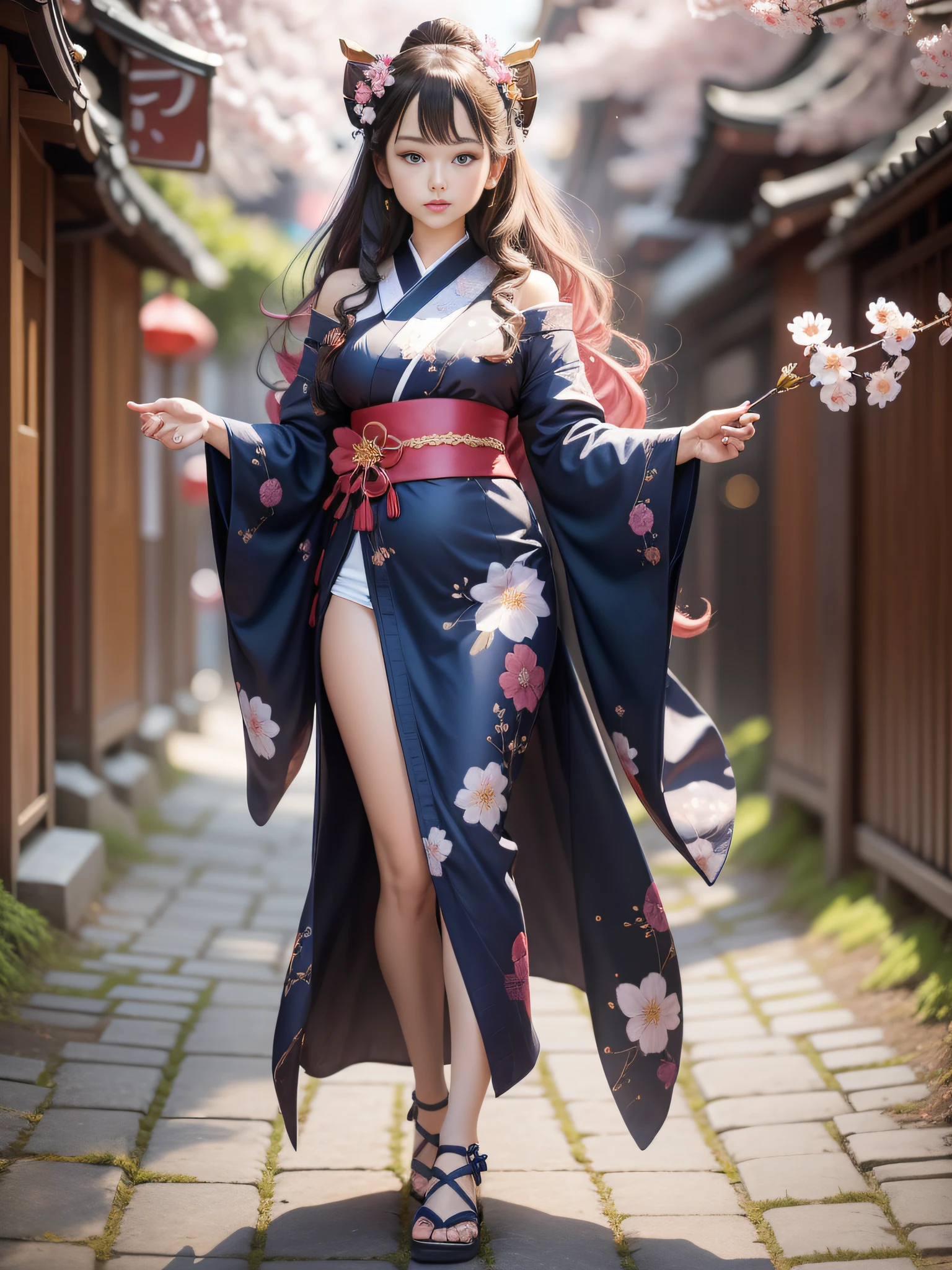 full body,full shot,sfw,russian goddess princess girl in the image of a geisha with big bright blue eyes and long fluffy eyelashes Nordic type with a perfect graceful figure and very long and fluffy wavy hair of bright wheat colour stands in full growth on the alley against the background of blooming Japanese pink sakura in Japanese kimono colour bright navy blue and Japanese shoes gane colour bright navy blue, The girl's lace kimono is intricately patterned with frank cutouts ultra short, Small breasts with protruding are visible through the fabric and in the girl's ears are beautiful ear-rings with precious navy blue sapphires that shimmer and sparkle in the light The ground on which the girl stands is strewn with cherry blossoms, the scene is highly artistic, high resolution, sharp focus, artistic style Migjorni-V5, hyperphotorealism, perfect proportions, golden ratio photo, flare, outline, sunlight, soft glow, soft focus, photography style soft focus through a Monocle lens.