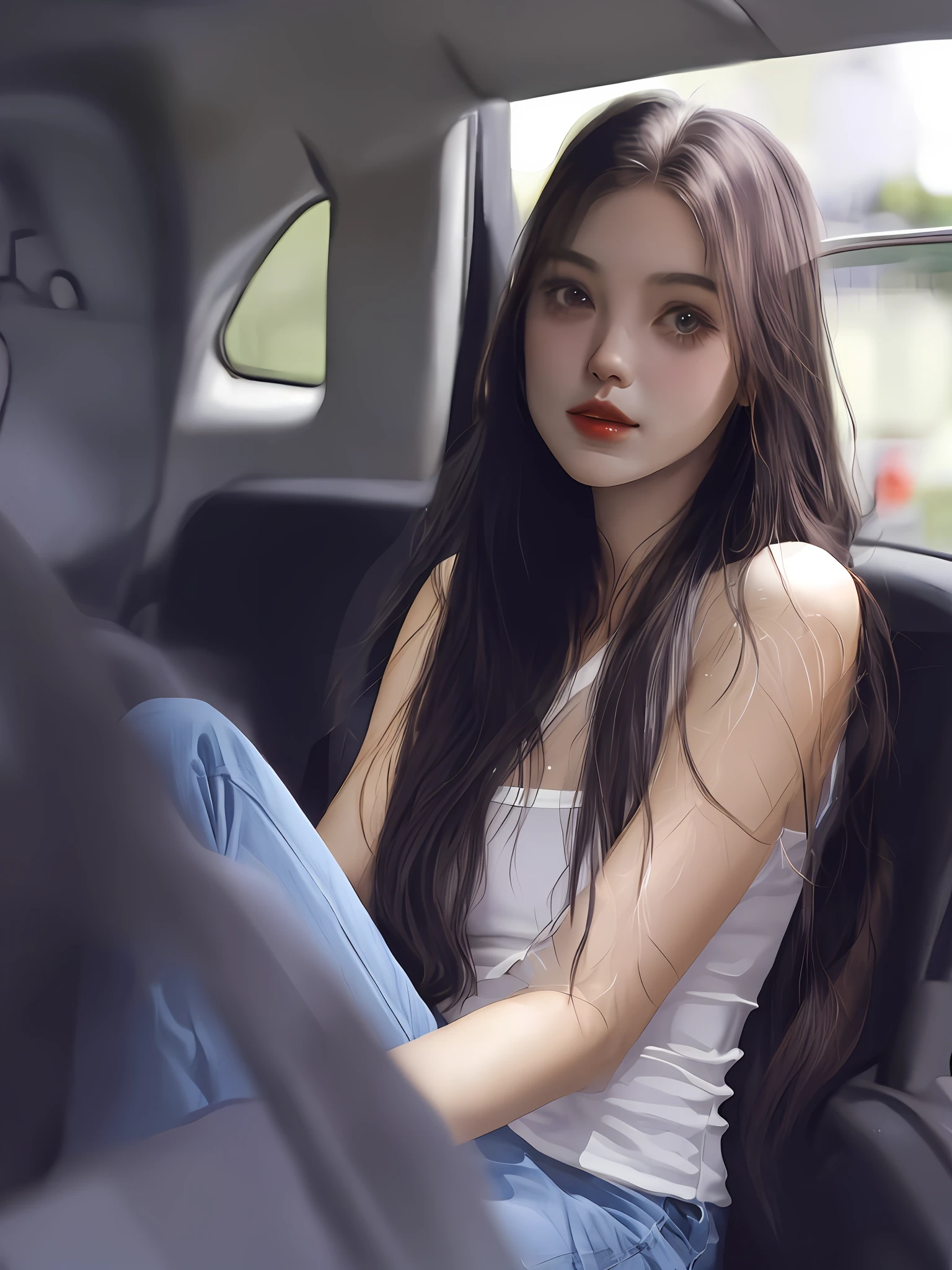 A girl with long hair, sitting in a car, staring at the camera, big breasts